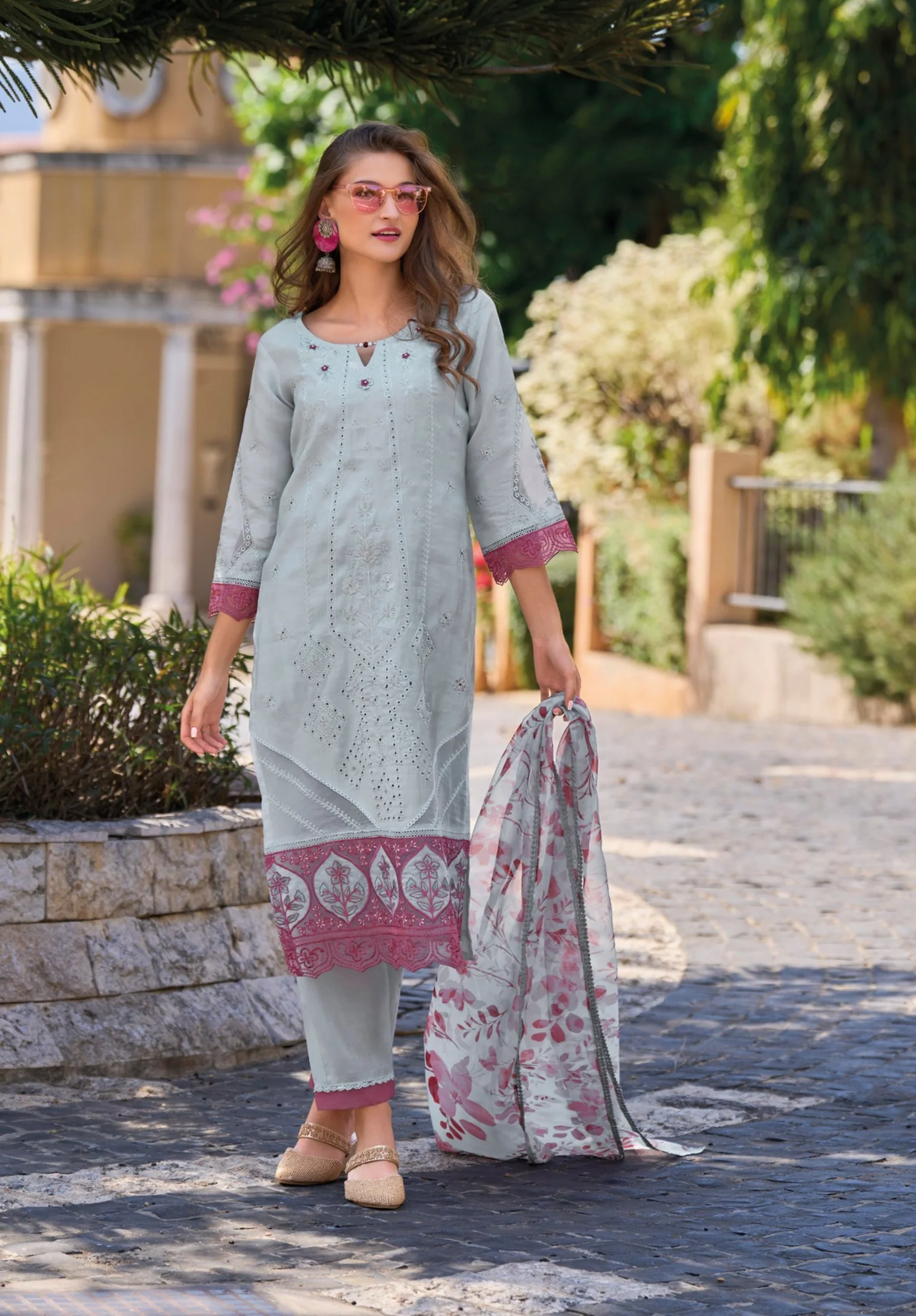 LAMHE SOFTBLUE FULL EMBROIDERED SCHIFFLI SUIT SET - Image 4