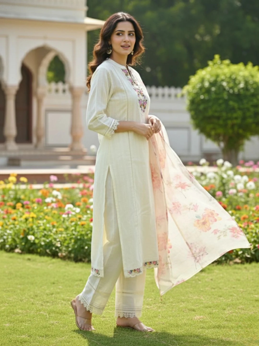 Shabnam Cream Full Work Suit Set with Floral Organza Dupatta - Image 10