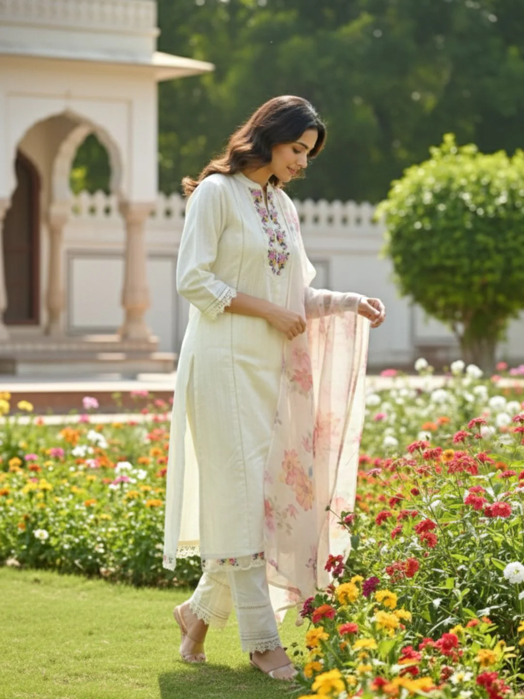 Shabnam Cream Full Work Suit Set with Floral Organza Dupatta - Image 11