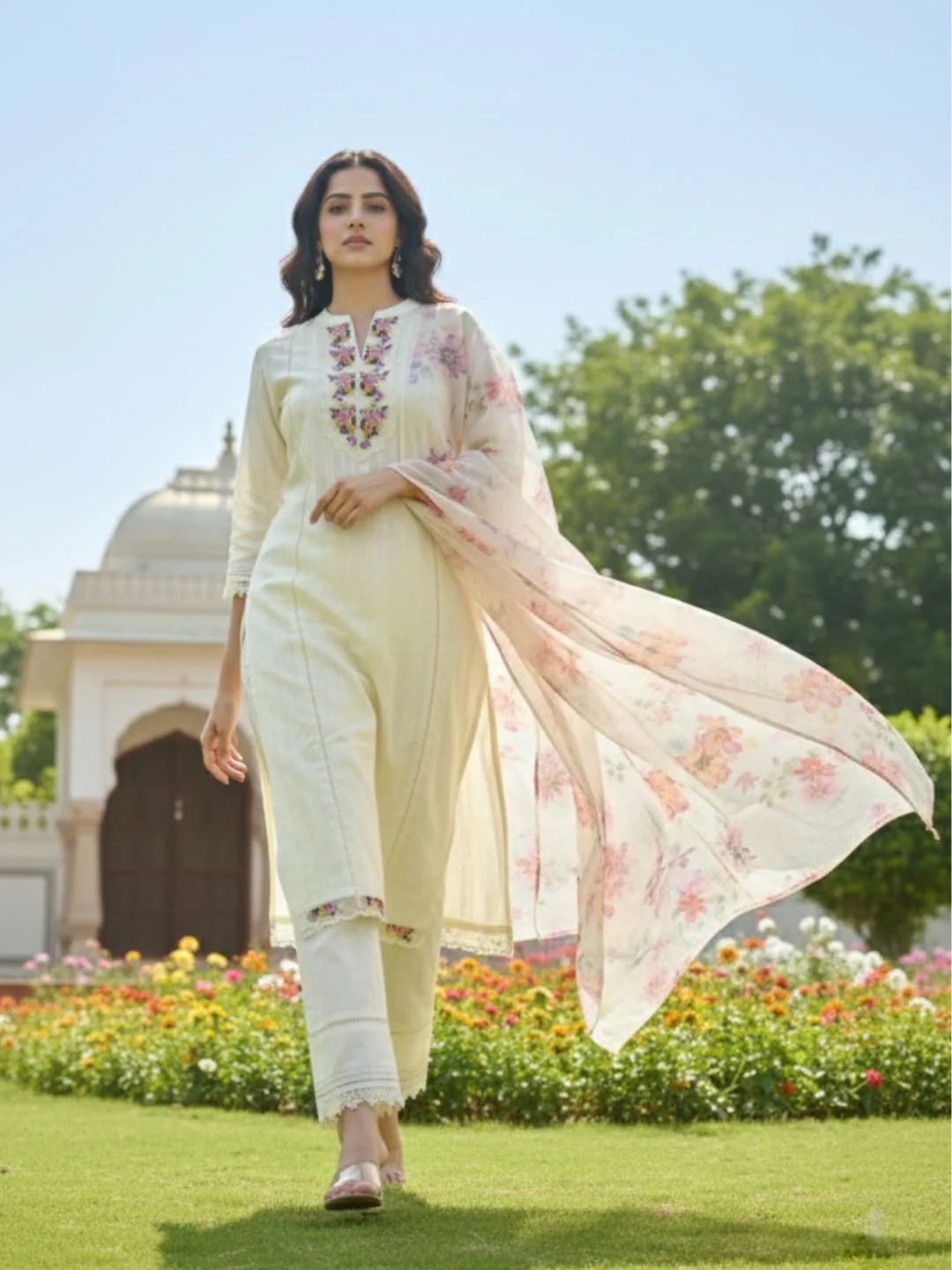 Shabnam Cream Full Work Suit Set with Floral Organza Dupatta - Image 12