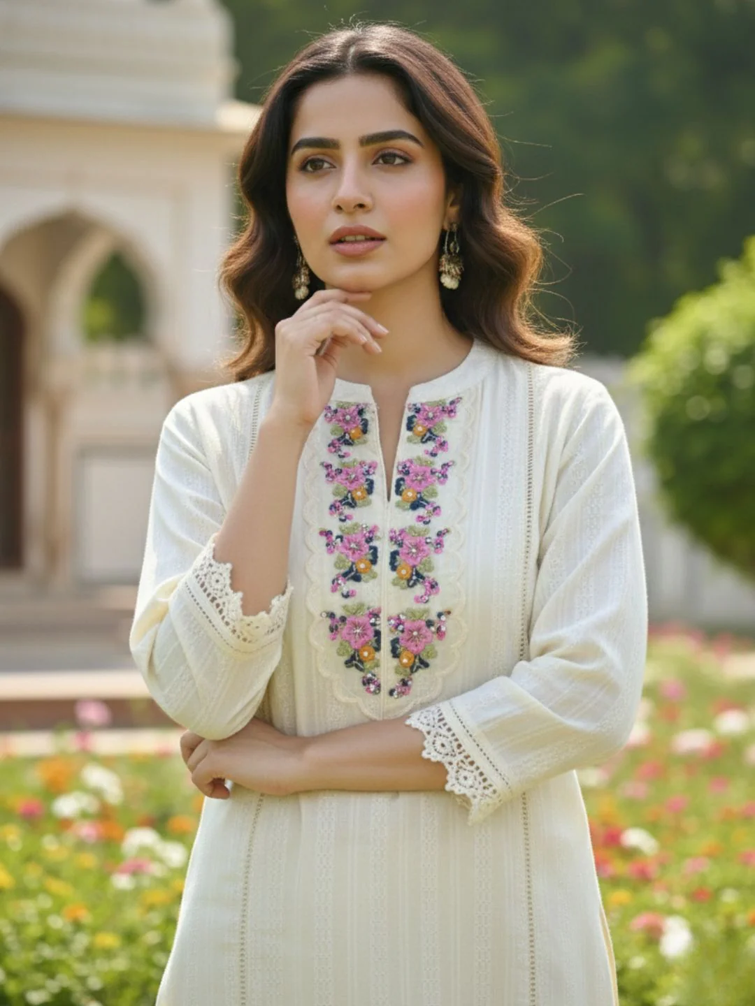 Shabnam Cream Full Work Suit Set with Floral Organza Dupatta - Image 3