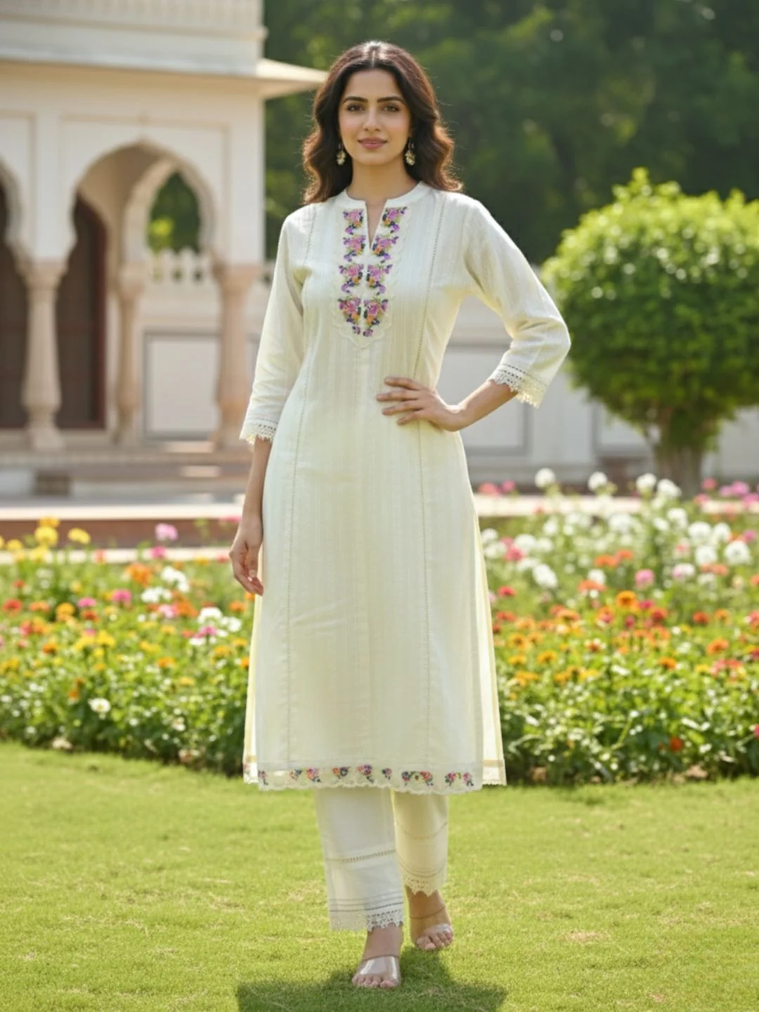 Shabnam Cream Full Work Suit Set with Floral Organza Dupatta - Image 4