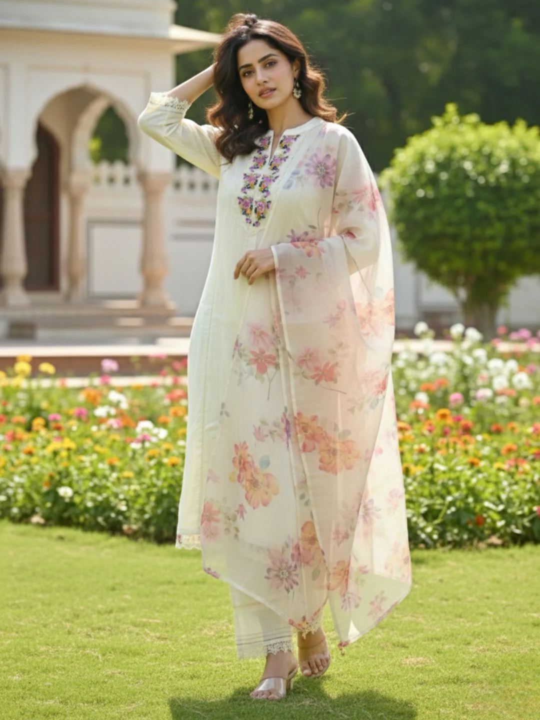 Shabnam Cream Full Work Suit Set with Floral Organza Dupatta - Image 5