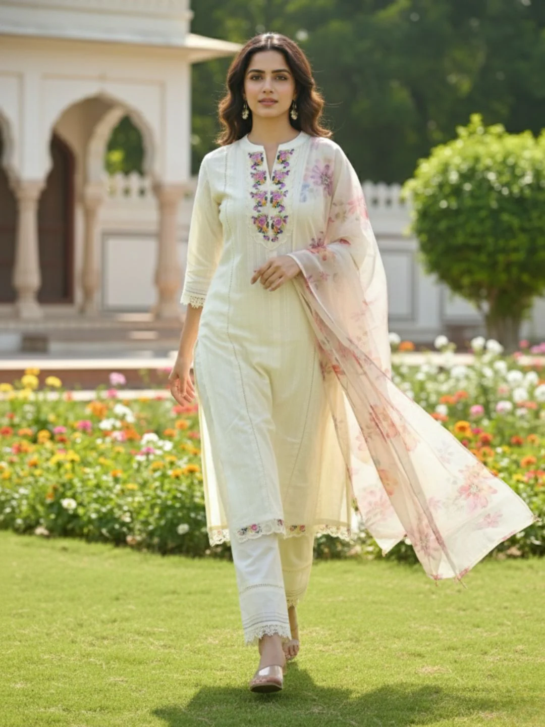 Shabnam Cream Full Work Suit Set with Floral Organza Dupatta - Image 6
