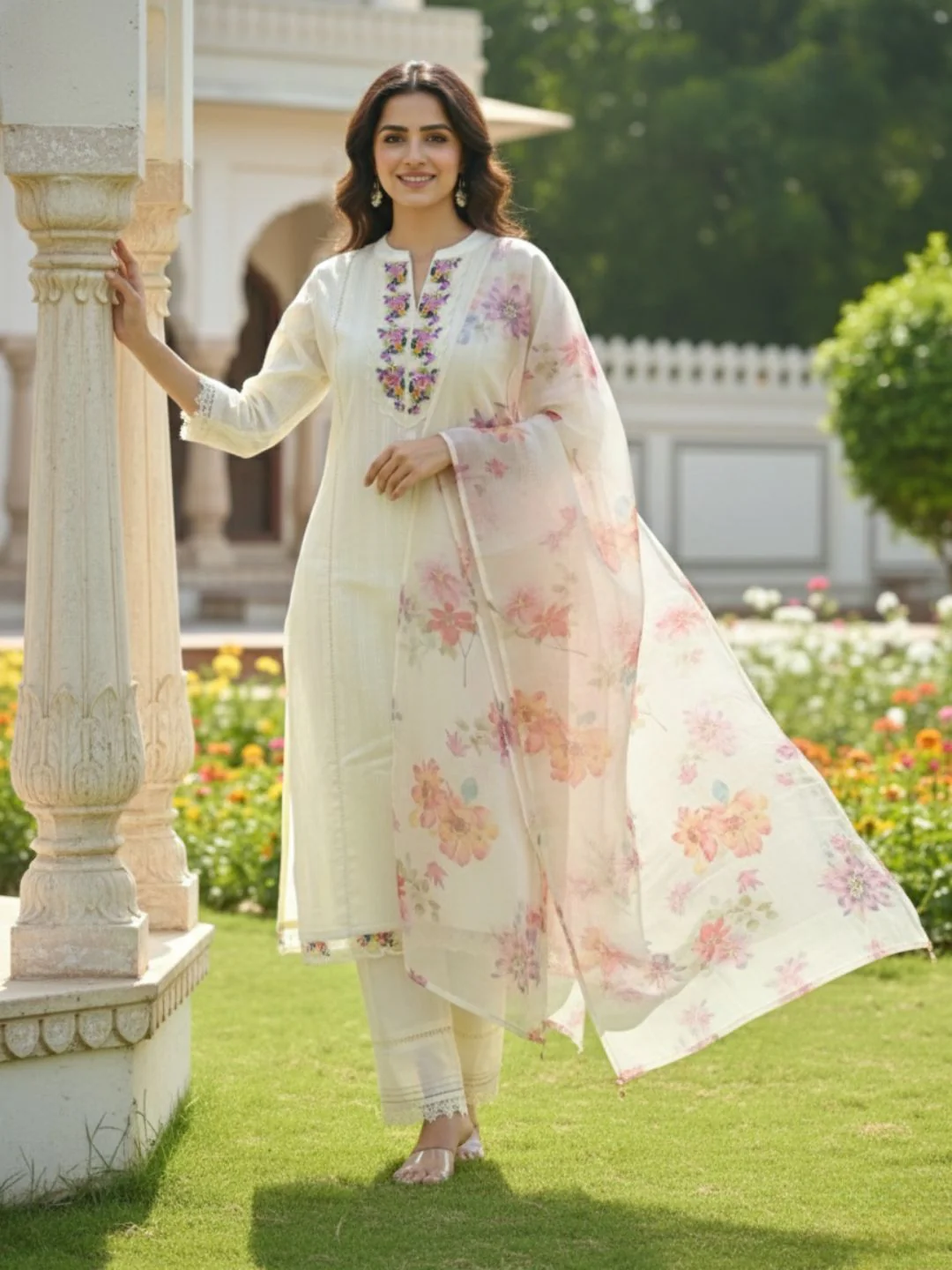 Shabnam Cream Full Work Suit Set with Floral Organza Dupatta - Image 7