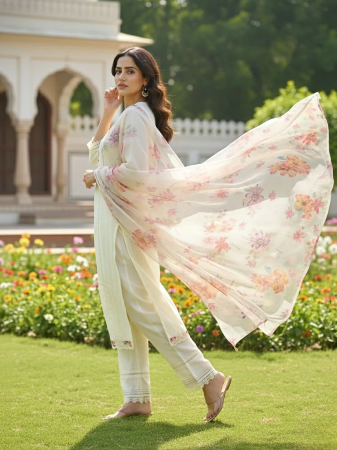 Shabnam Cream Full Work Suit Set with Floral Organza Dupatta - Image 8