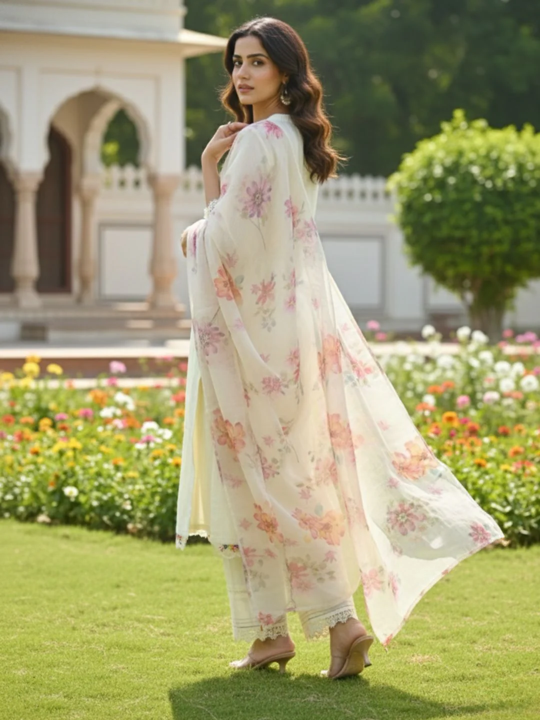 Shabnam Cream Full Work Suit Set with Floral Organza Dupatta - Image 9