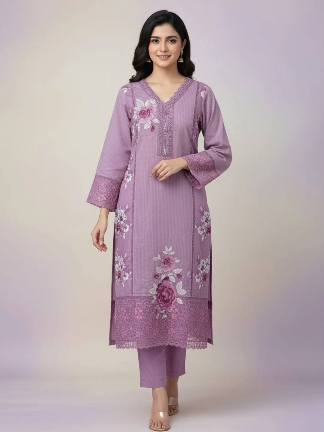 Mahi Lavender Lace Work Suit Set - Image 4