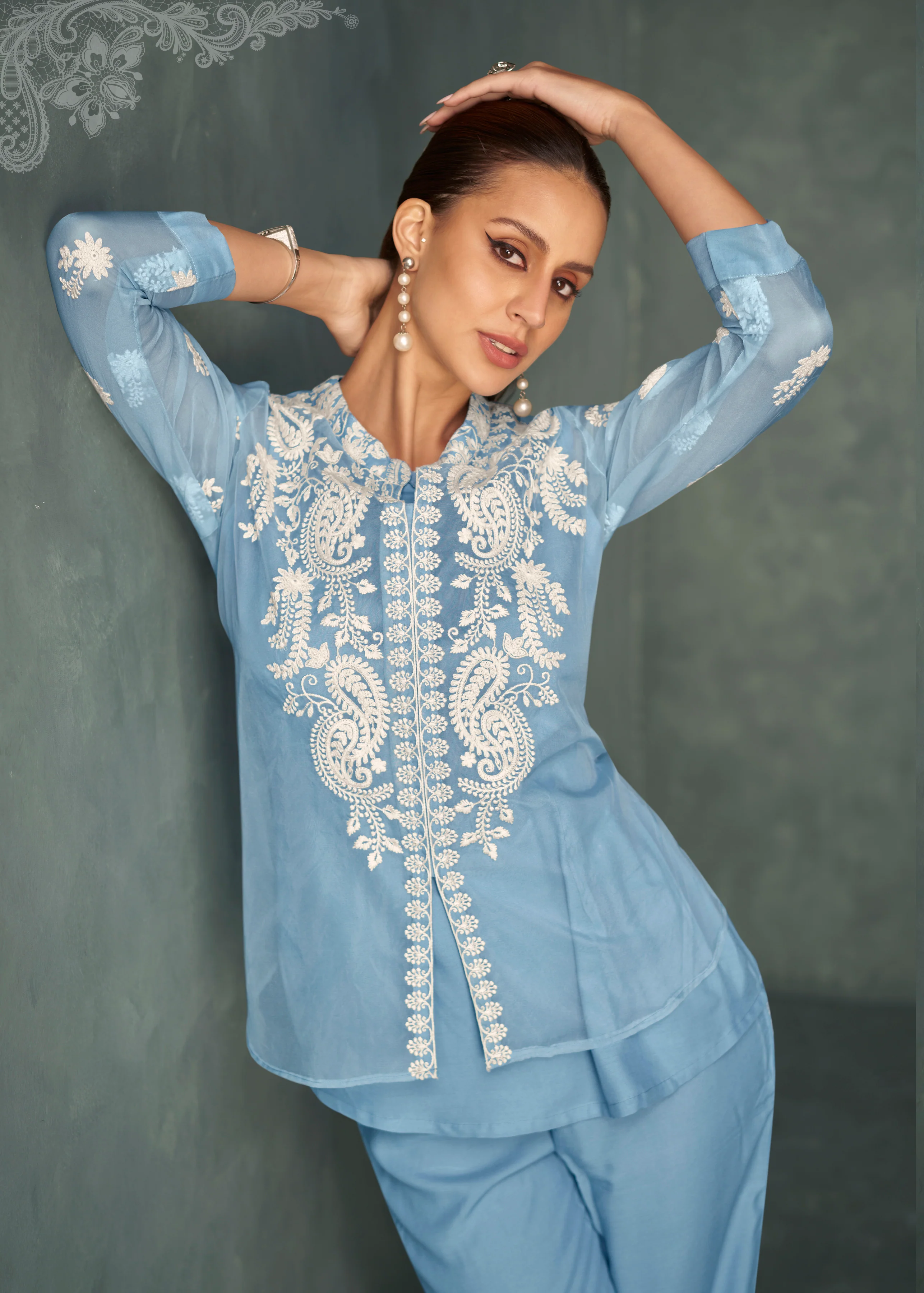 Saba SoftBlue Embroidered 3 pc Co-ord Set - Image 2