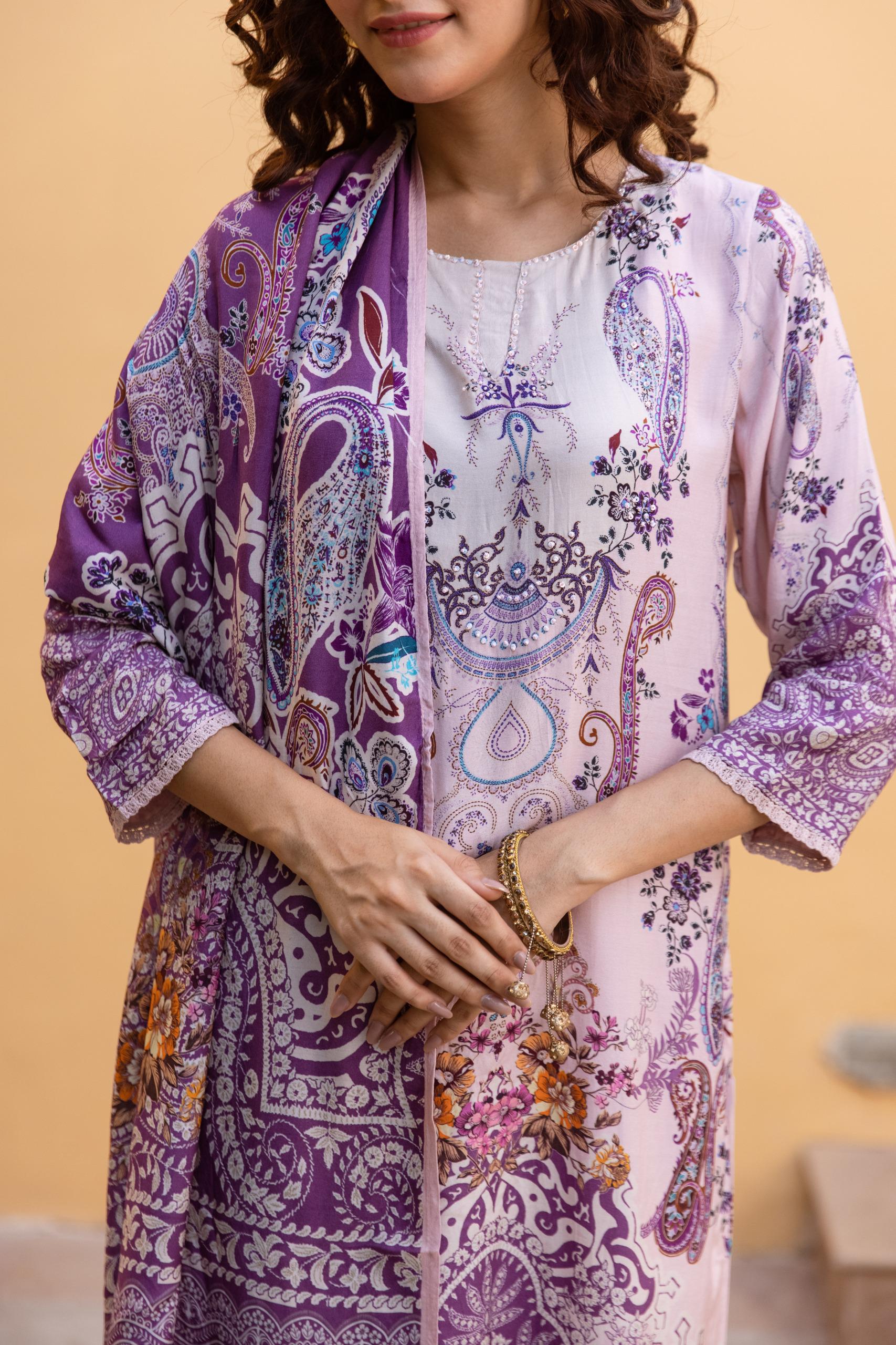 Samiksha Lilac Premium Digital Print Muslin Suit Set - Image 5
