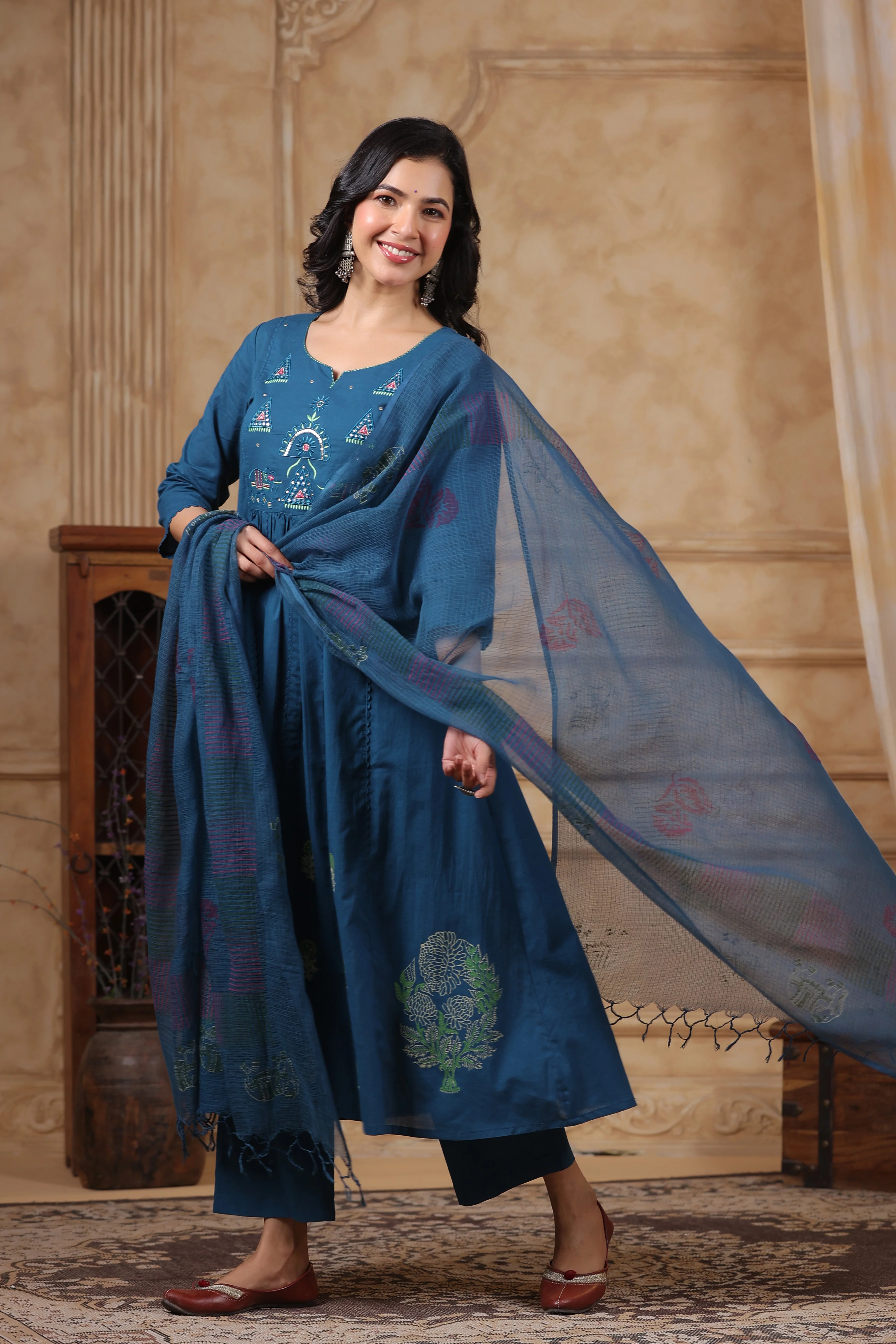 Hiya Teal Embroidered Cotton Suit Set - Image 4
