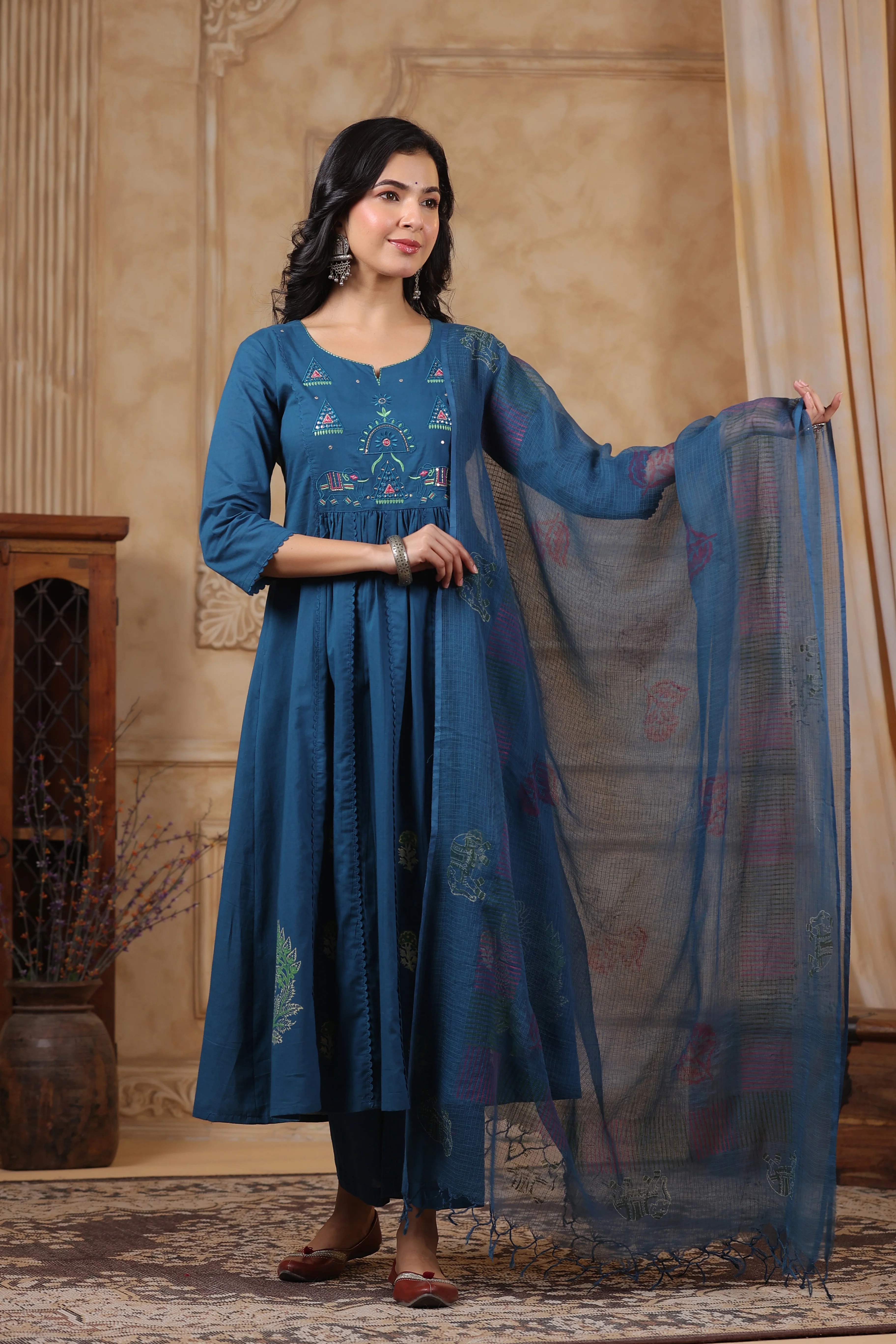 Hiya Teal Embroidered Cotton Suit Set - Image 5
