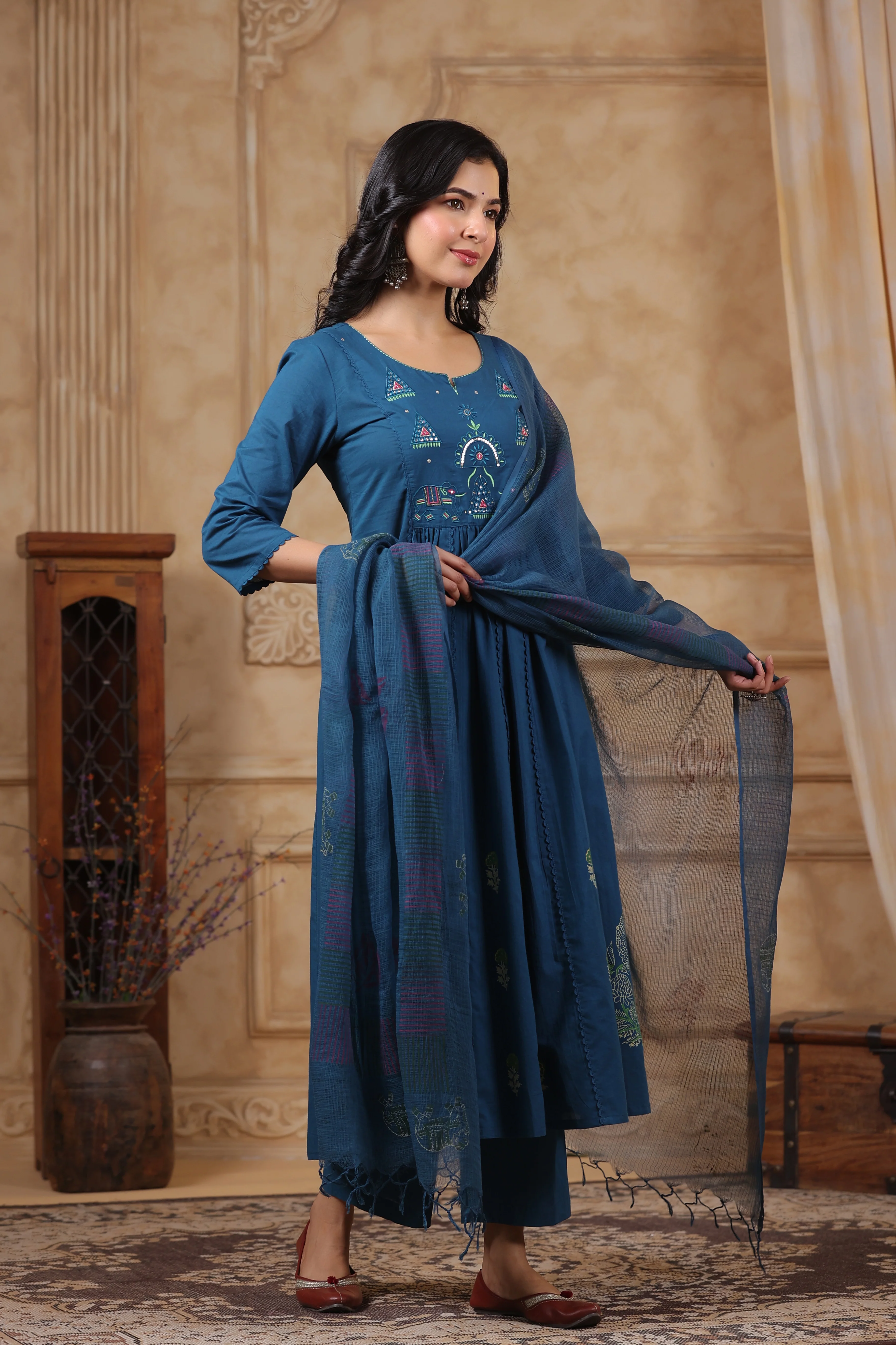 Hiya Teal Embroidered Cotton Suit Set - Image 6