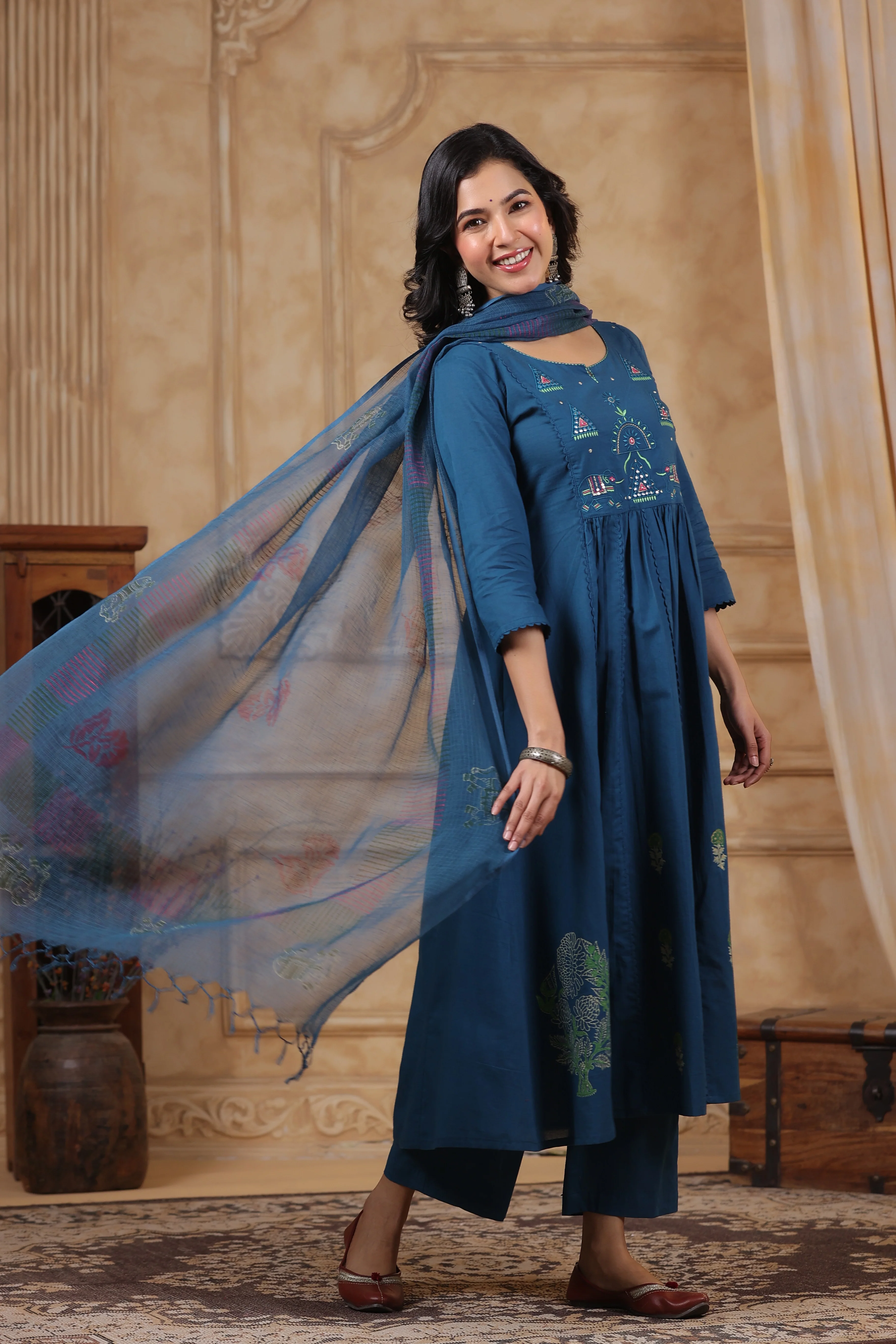 Hiya Teal Embroidered Cotton Suit Set - Image 7
