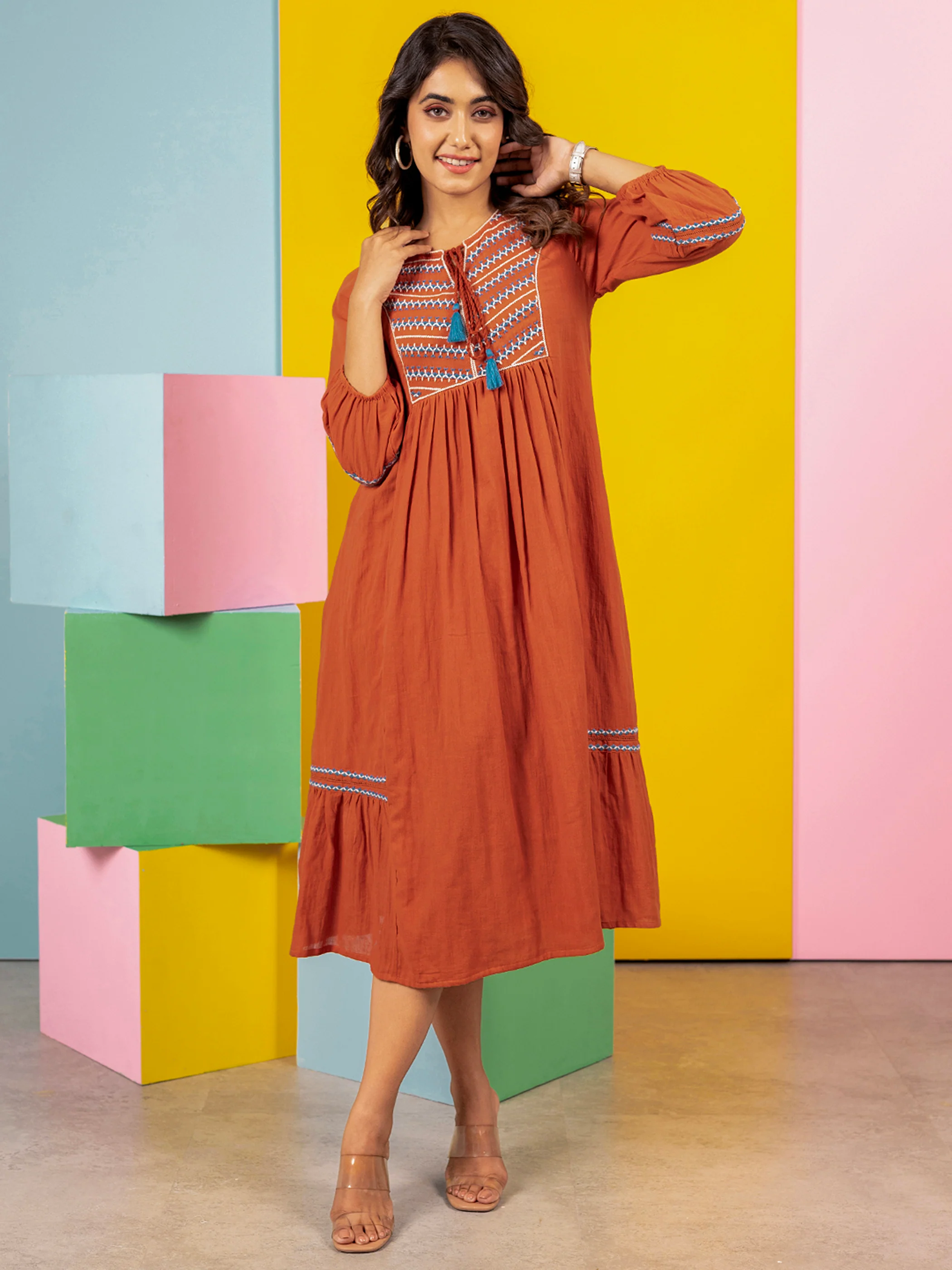Jhalak Saffron Cotton Dress - Image 4