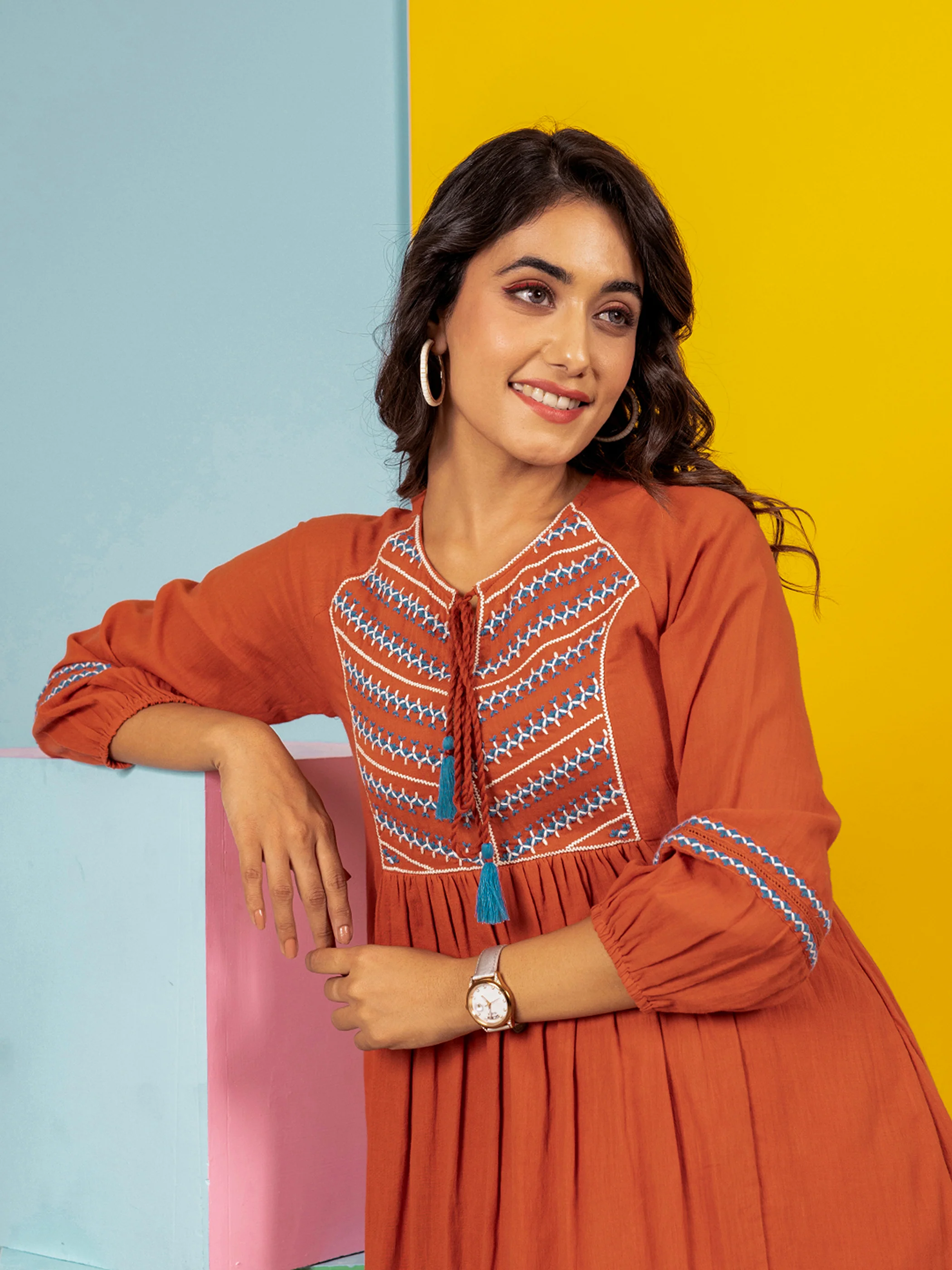 Jhalak Saffron Cotton Dress - Image 5