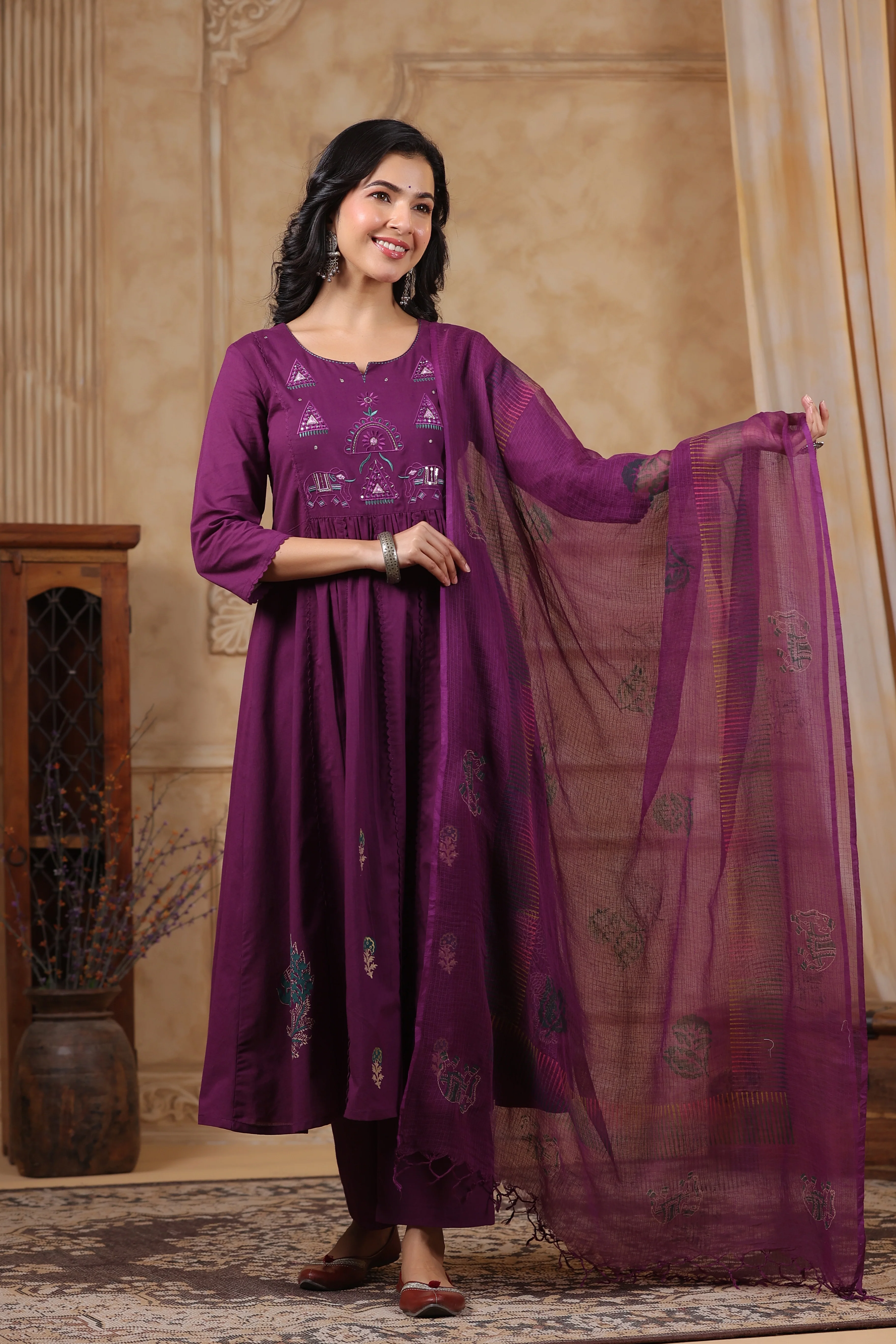 Hiya Sangria Embroidered Cotton Suit Set - Image 5