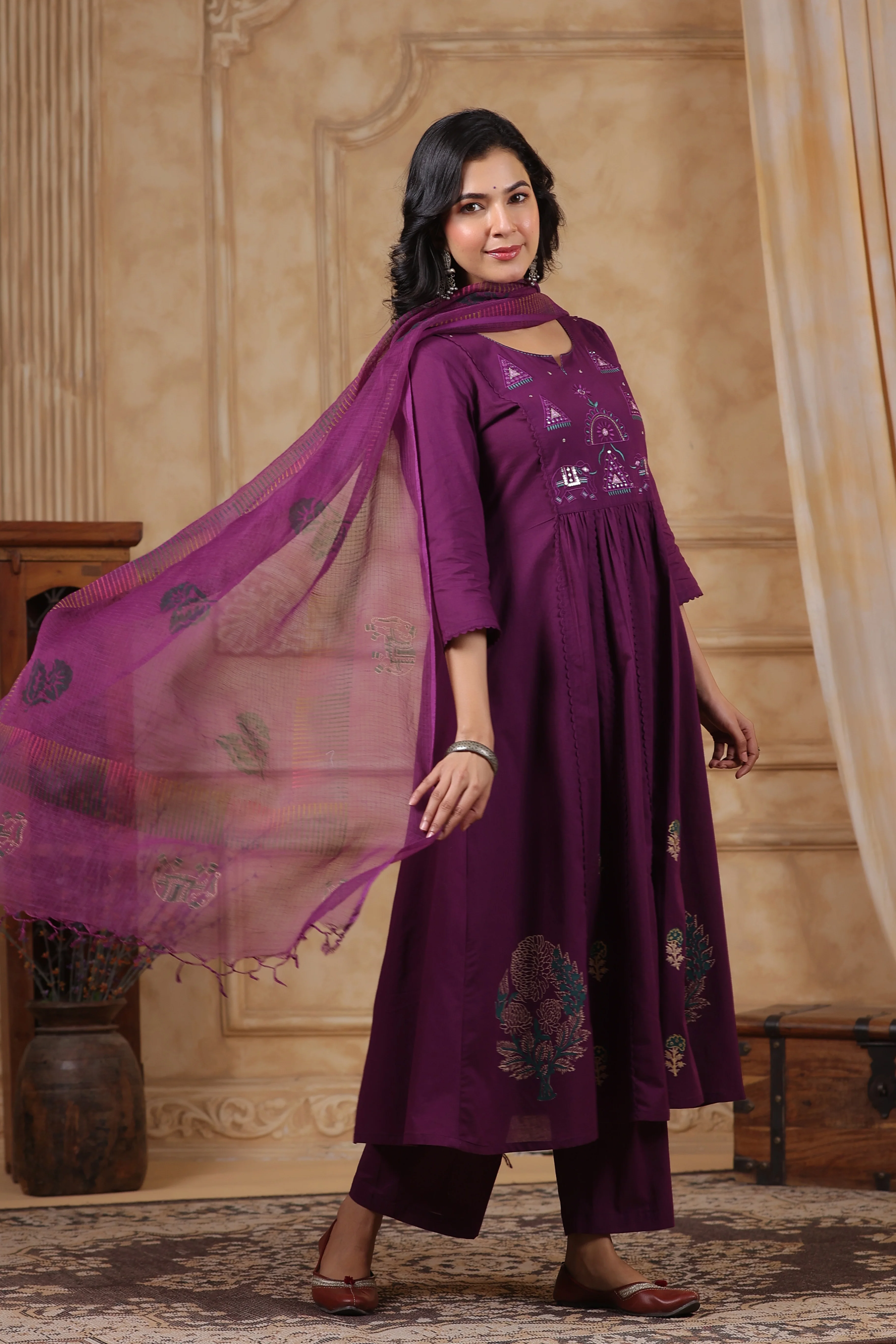Hiya Sangria Embroidered Cotton Suit Set - Image 7