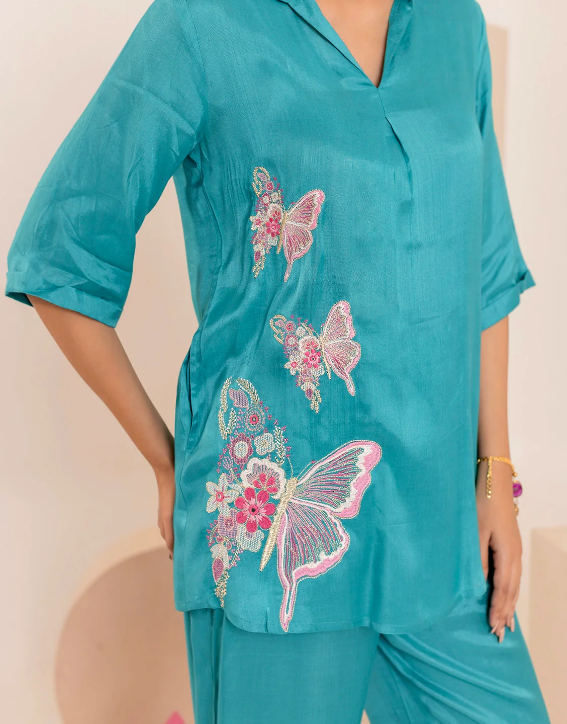 Iti Cyan Embroidery Cotton Co-ord Set - Image 4