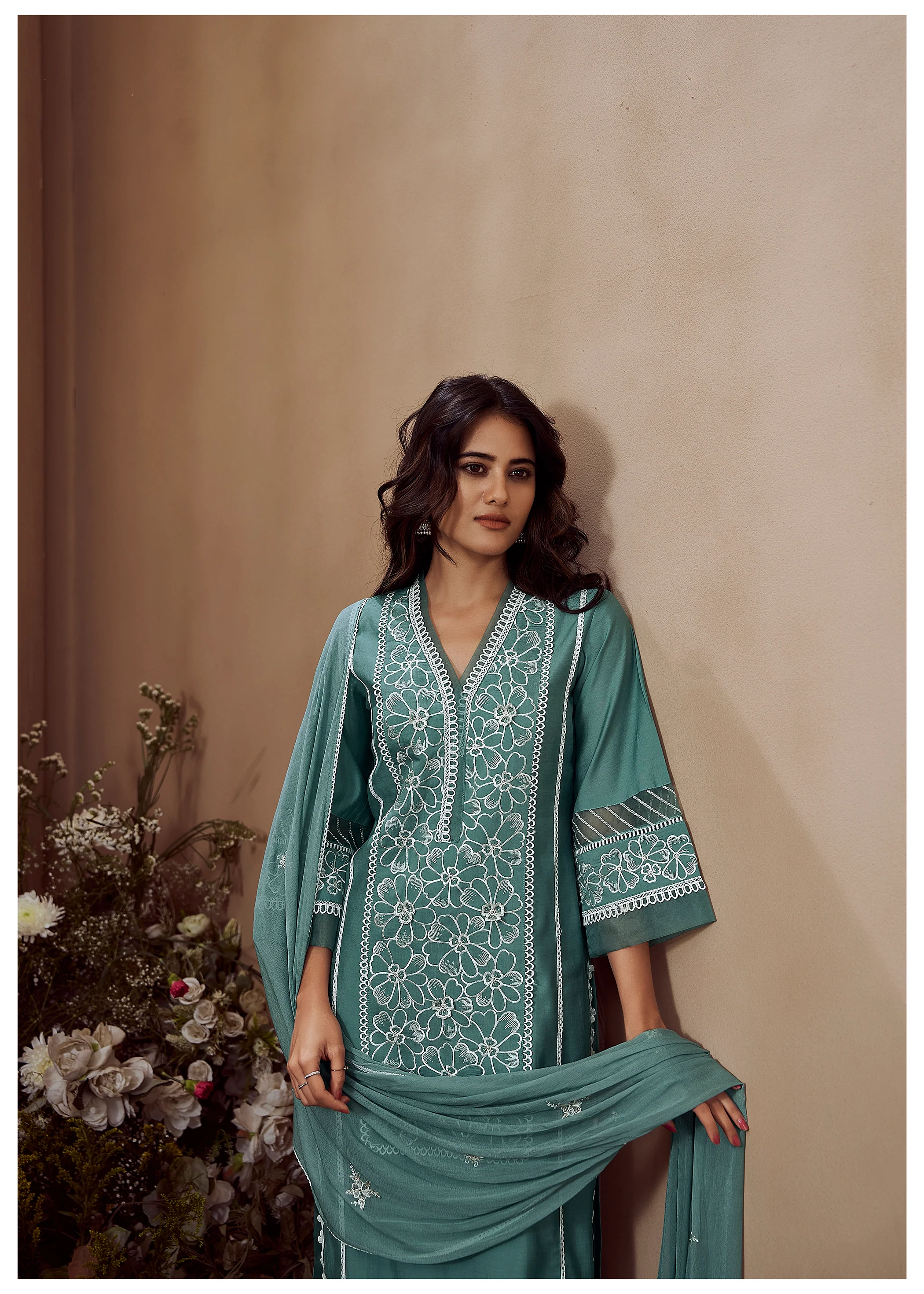 RIMJHIM TEAL EMBROIDERED SUIT SET - Image 7