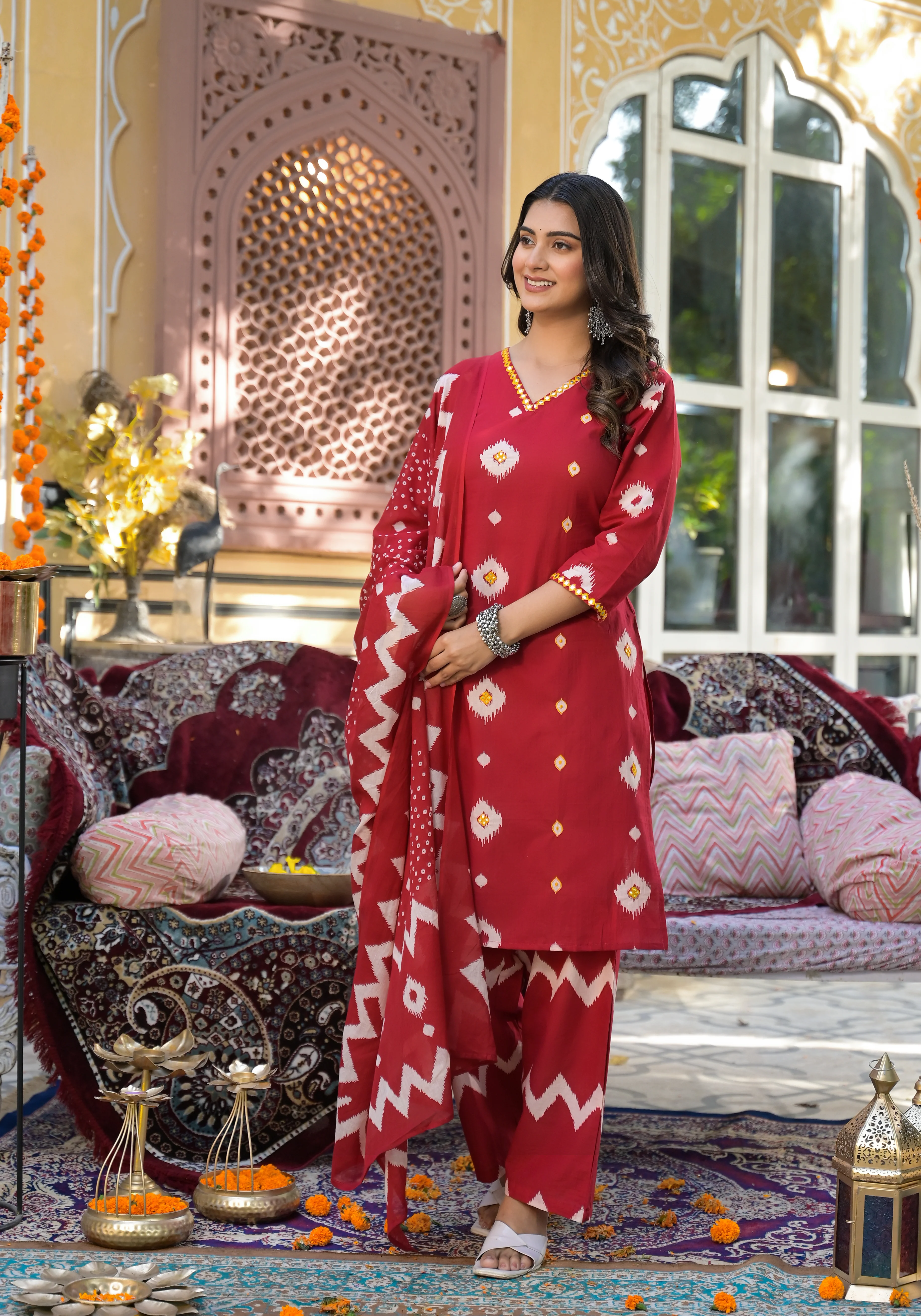 ARANYA VERMILLLION IKAT PRINT COTTON SUIT SET - Image 3