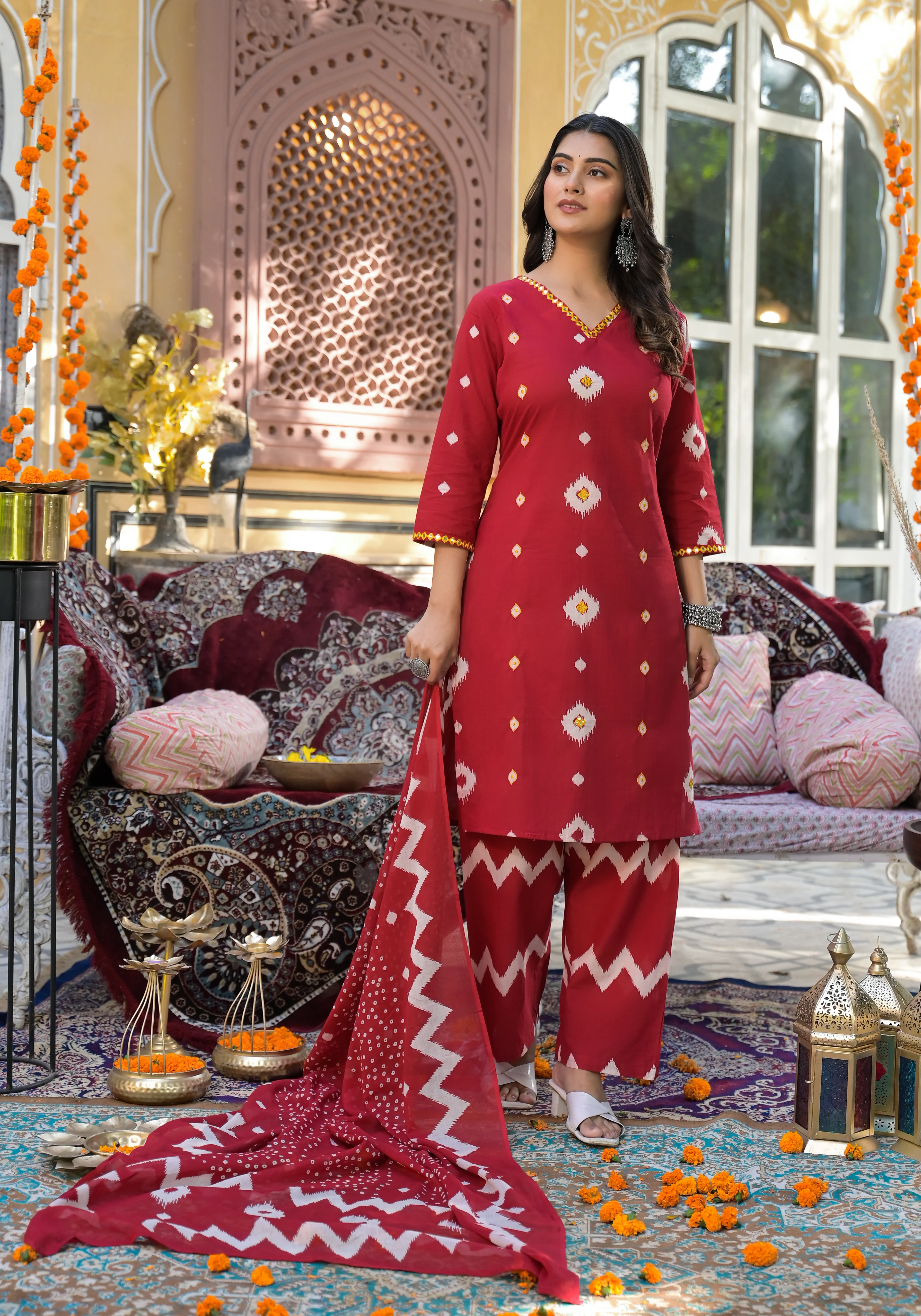 ARANYA VERMILLLION IKAT PRINT COTTON SUIT SET - Image 7