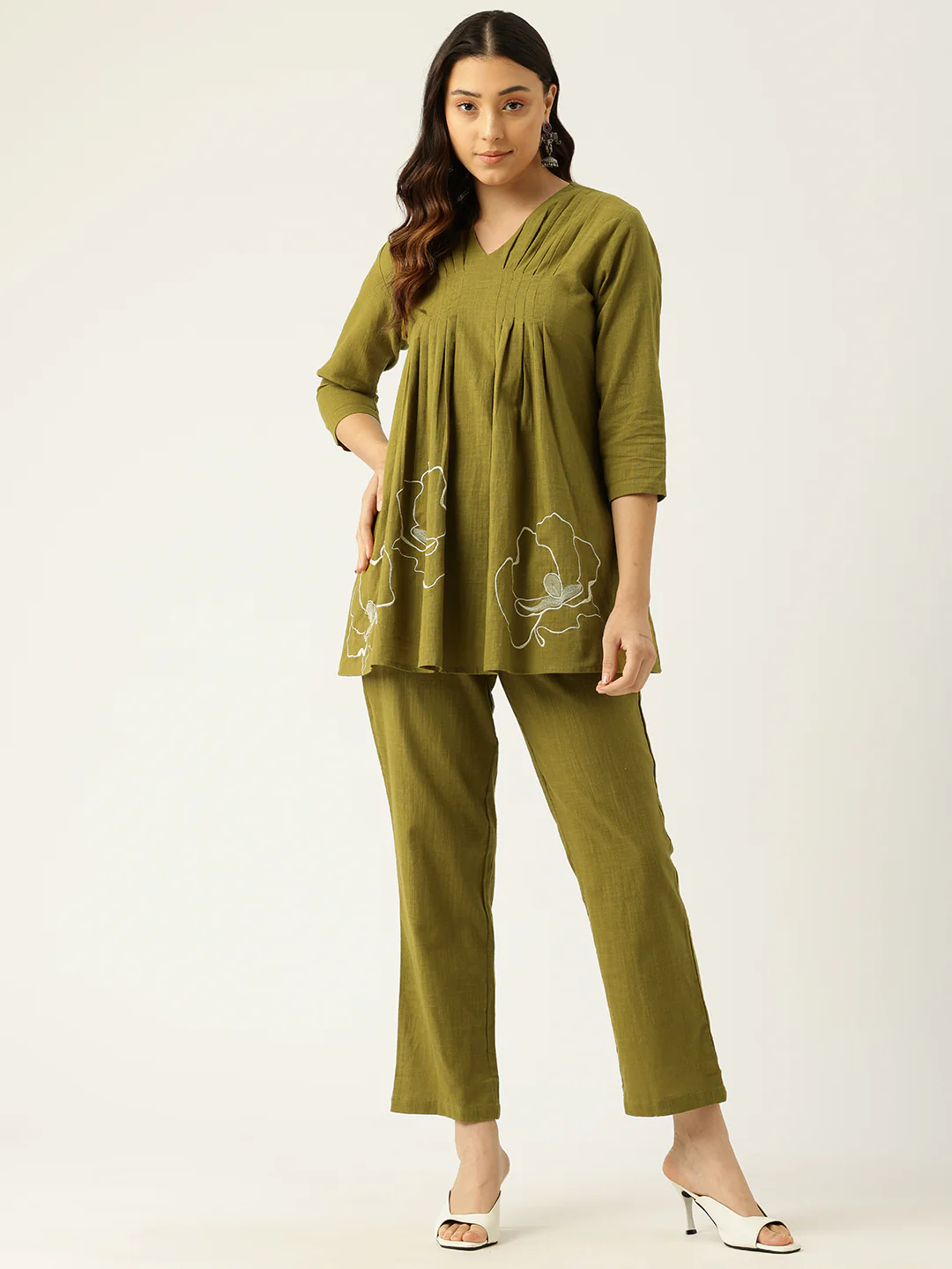 Raya Olive Cotton Embroidered Co-ord Set - Image 10