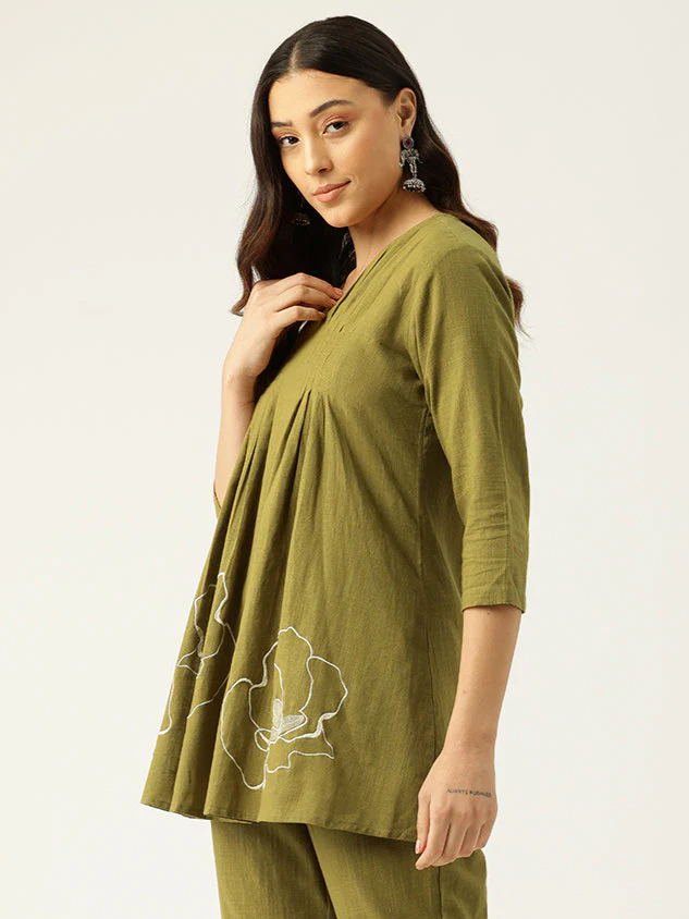 Raya Olive Cotton Embroidered Co-ord Set - Image 11