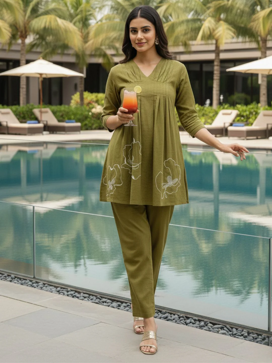 Raya Olive Cotton Embroidered Co-ord Set - Image 3
