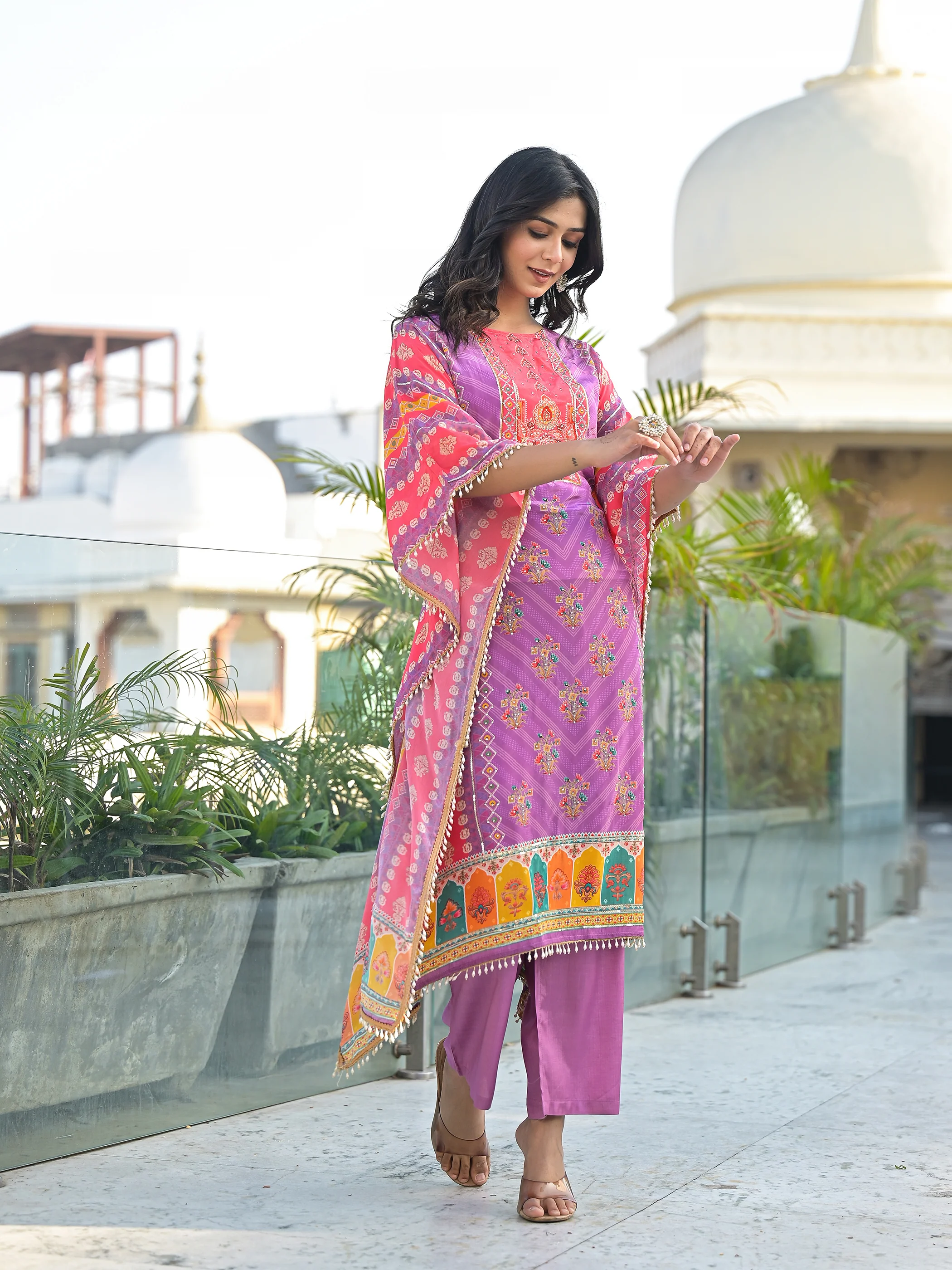 Mehna Lilac Full Heavy Work Kaftan Pant Set - Image 4