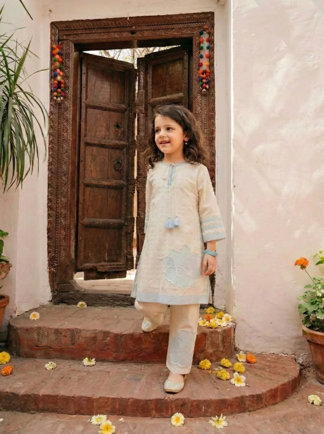 Joy pearl embroidery kids kurta pant set - Image 3