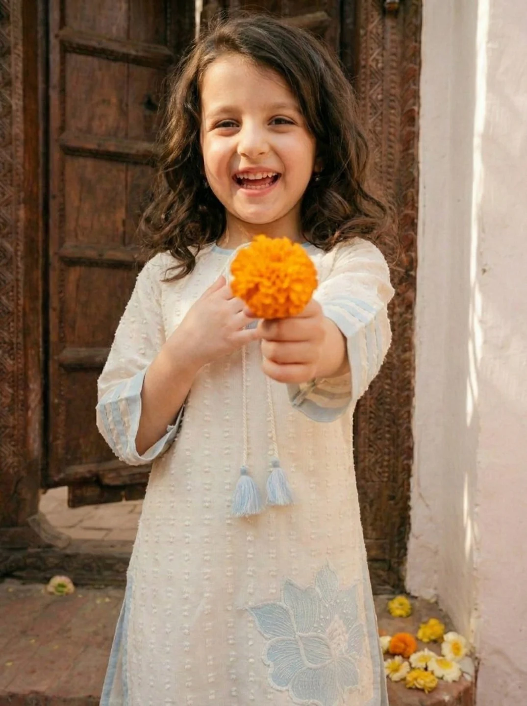 Joy pearl embroidery kids kurta pant set - Image 4