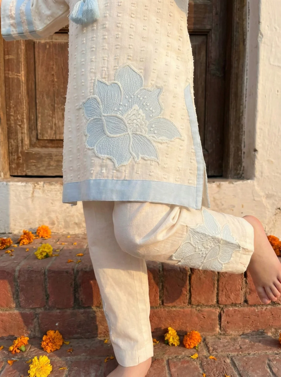 Joy pearl embroidery kids kurta pant set - Image 5