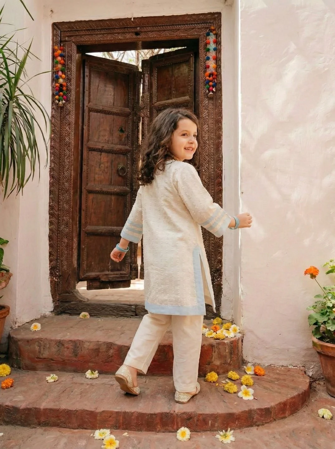 Joy pearl embroidery kids kurta pant set - Image 7