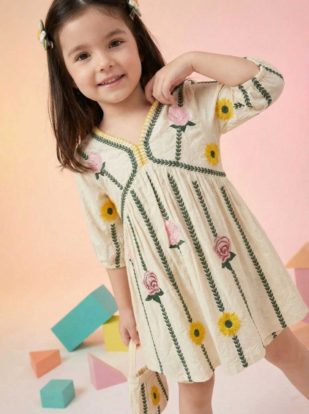 Joy Sunflower Embroidery Cotton Dress - Image 2