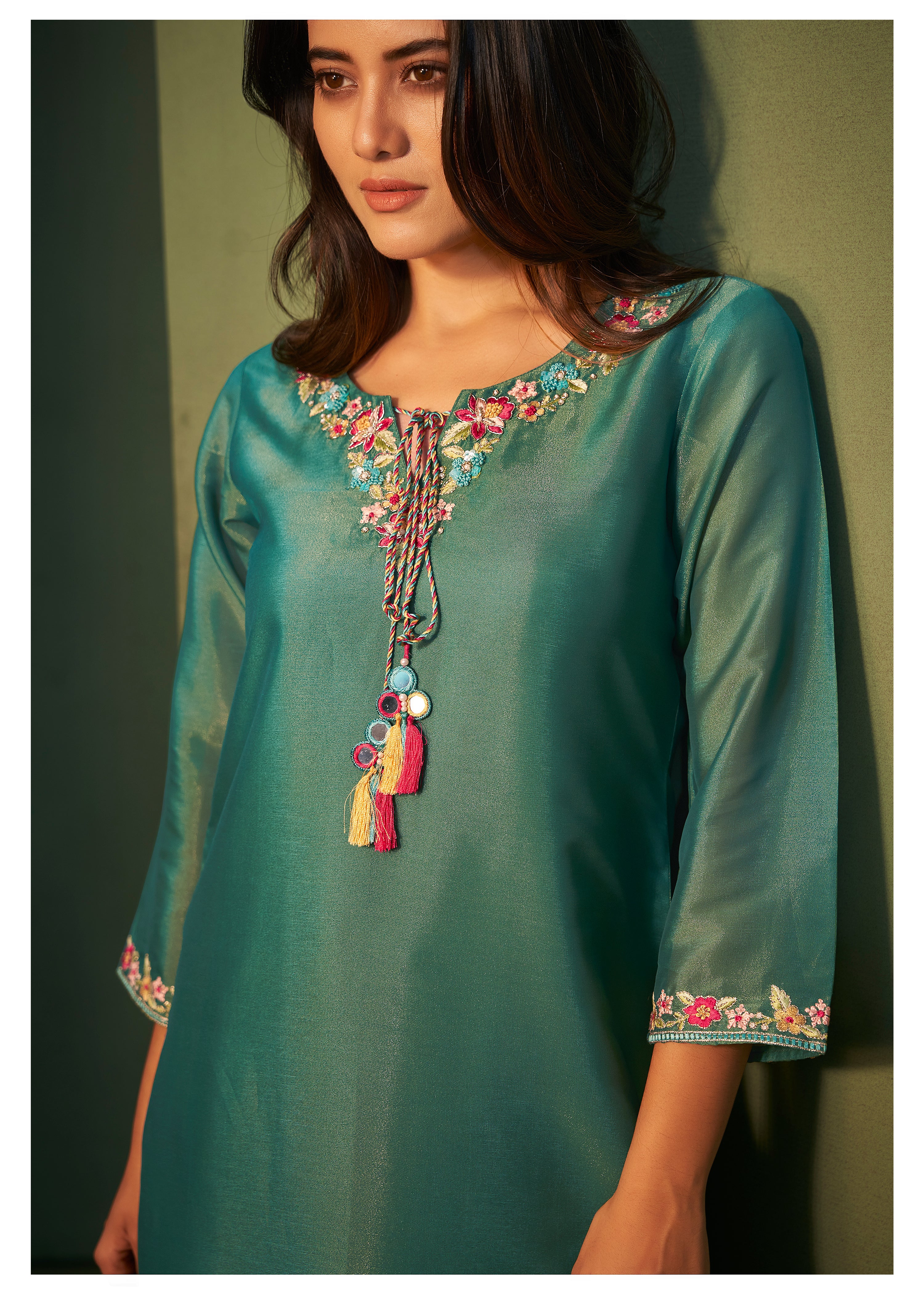 Kajal Pine Shimmer Organza  Full Work Suit Set - Image 2