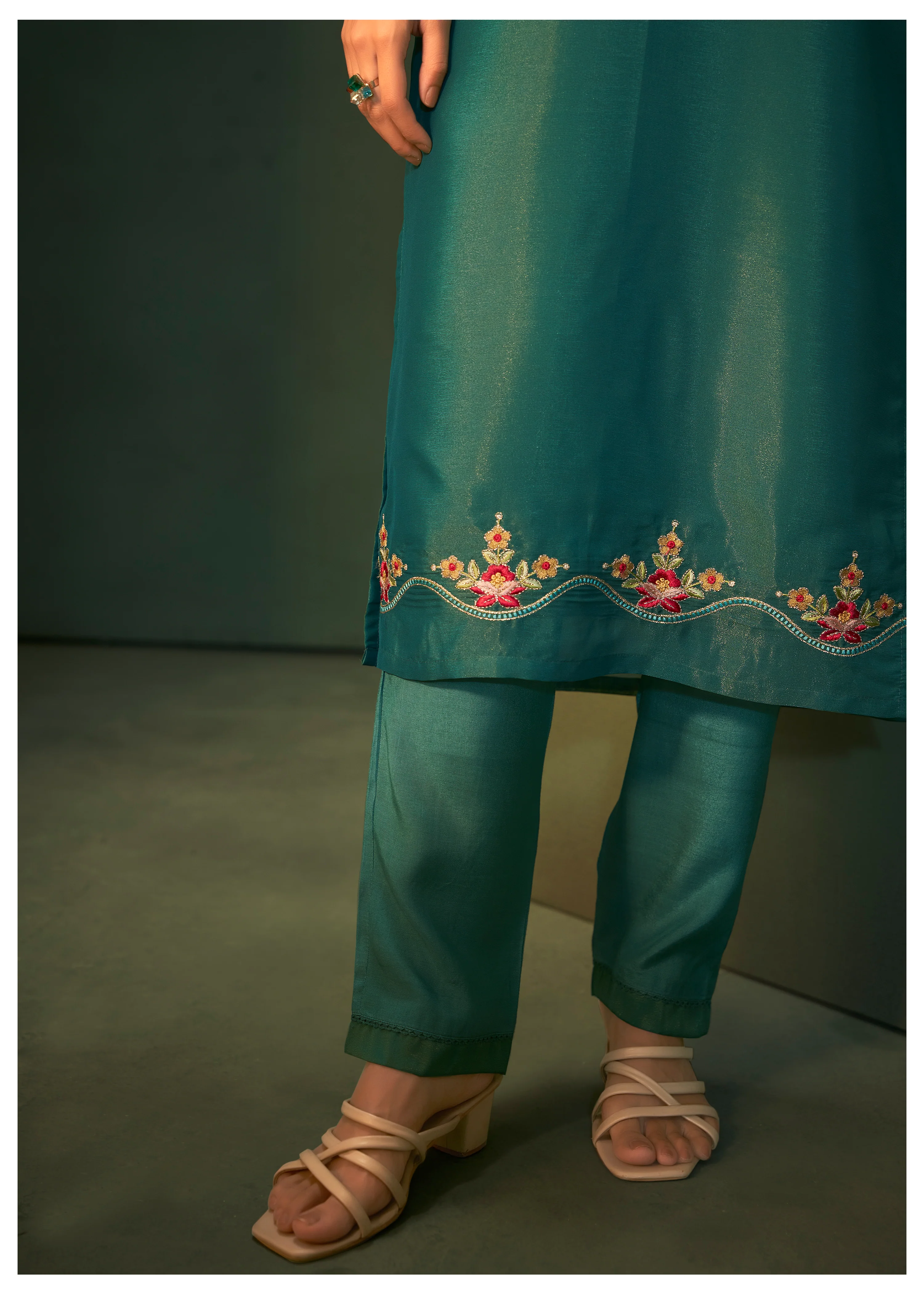 Kajal Pine Shimmer Organza  Full Work Suit Set - Image 3