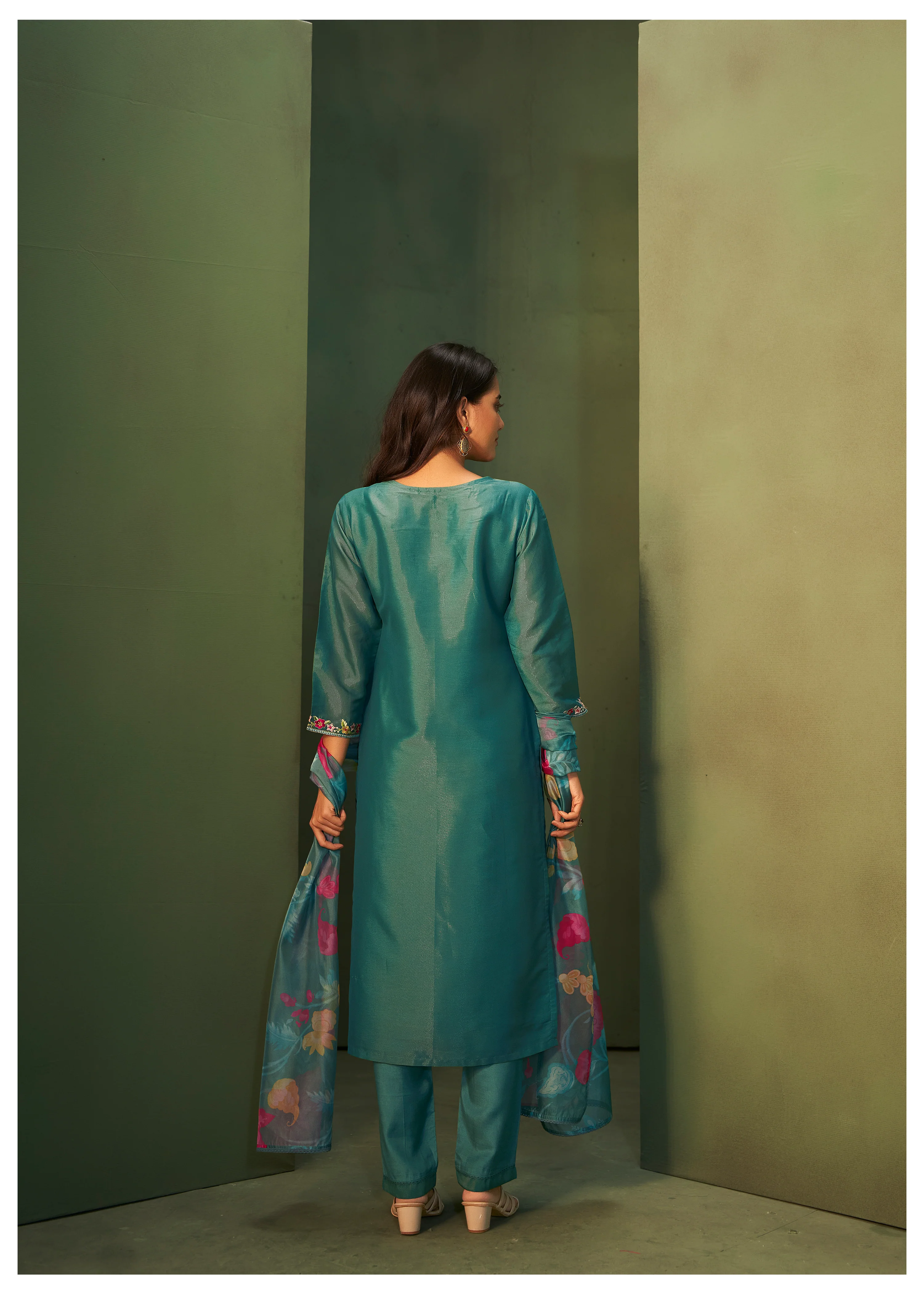 Kajal Pine Shimmer Organza  Full Work Suit Set - Image 4