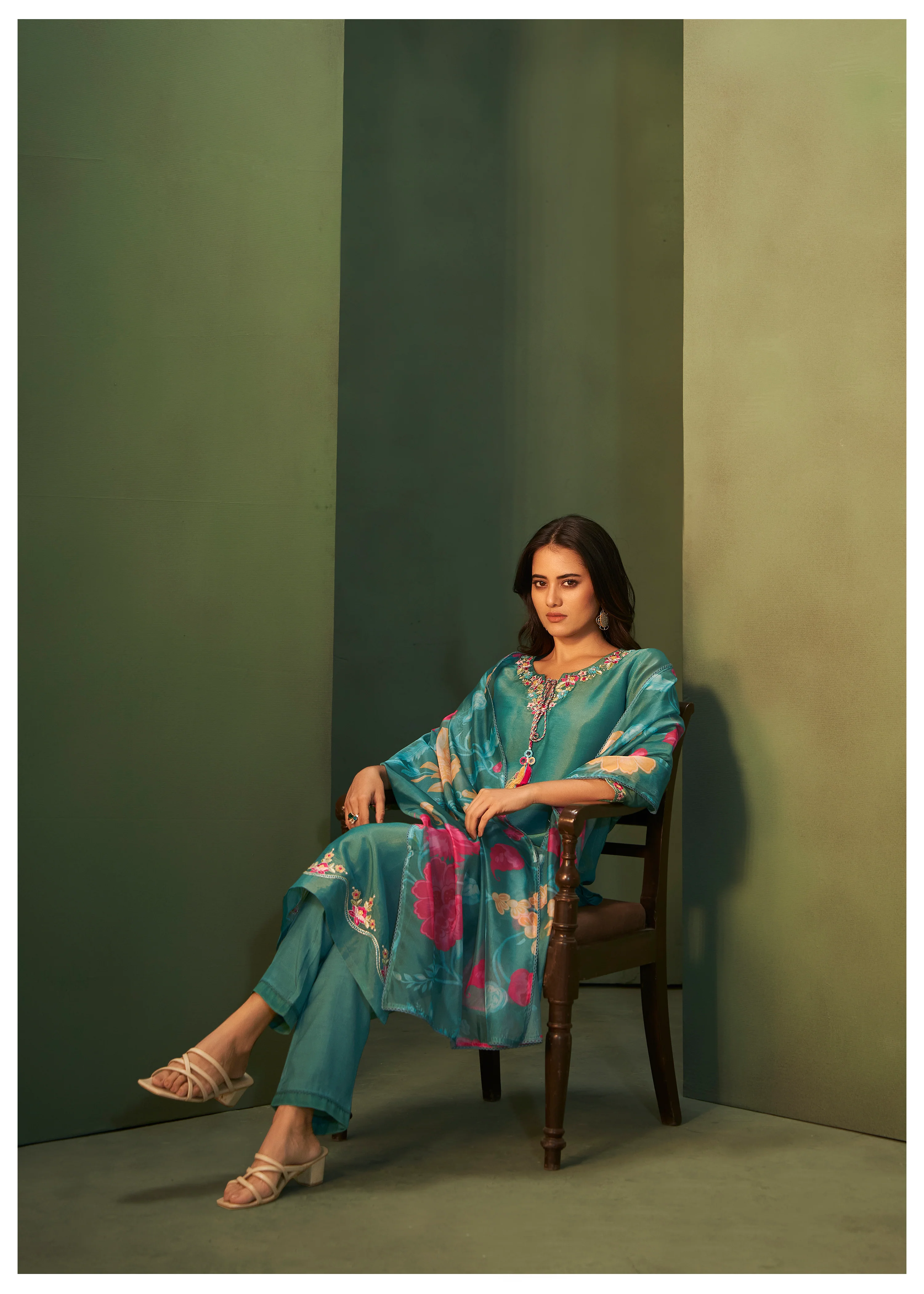 Kajal Pine Shimmer Organza  Full Work Suit Set - Image 5