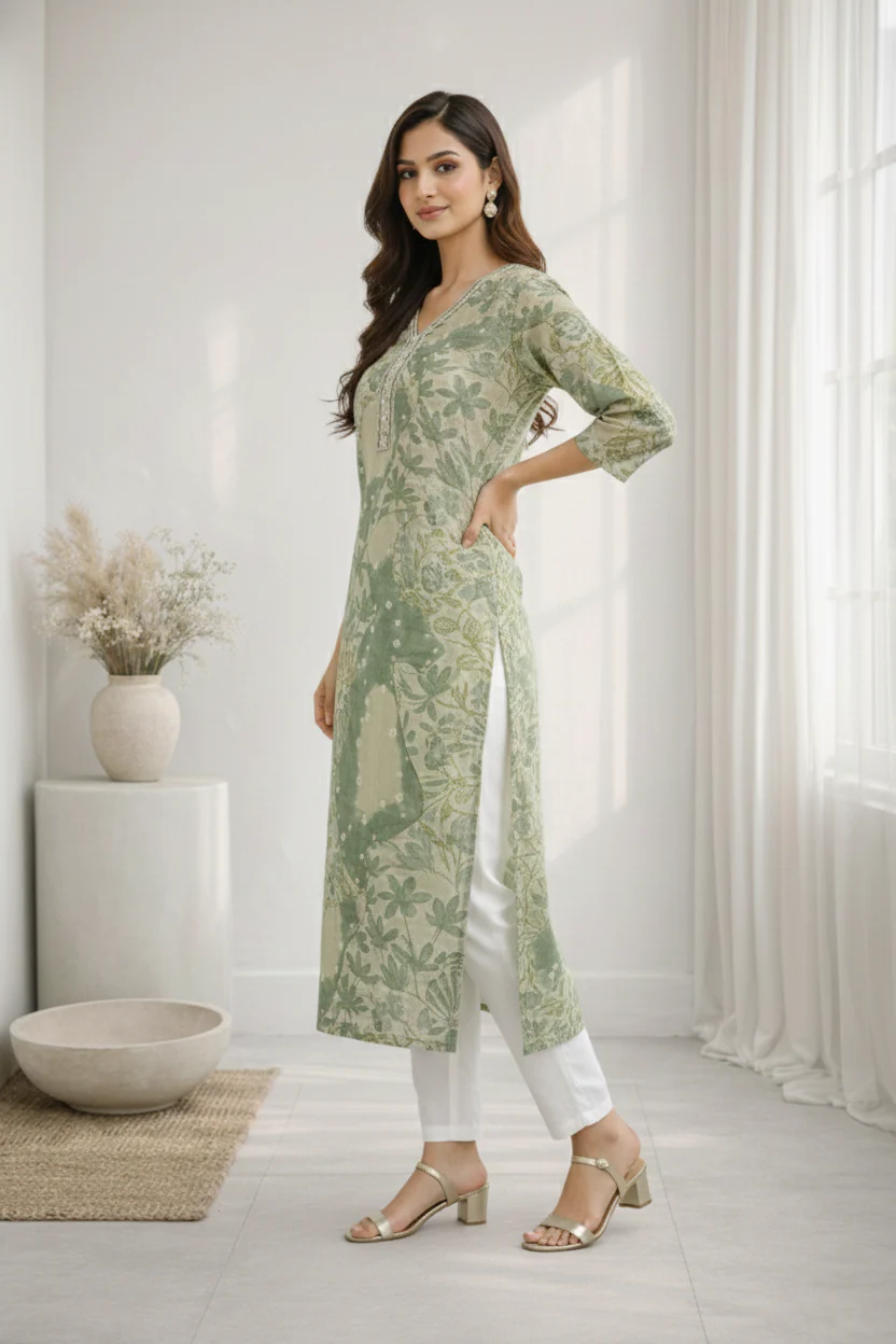 Barnali Fern Printed Work Kurti - Image 6