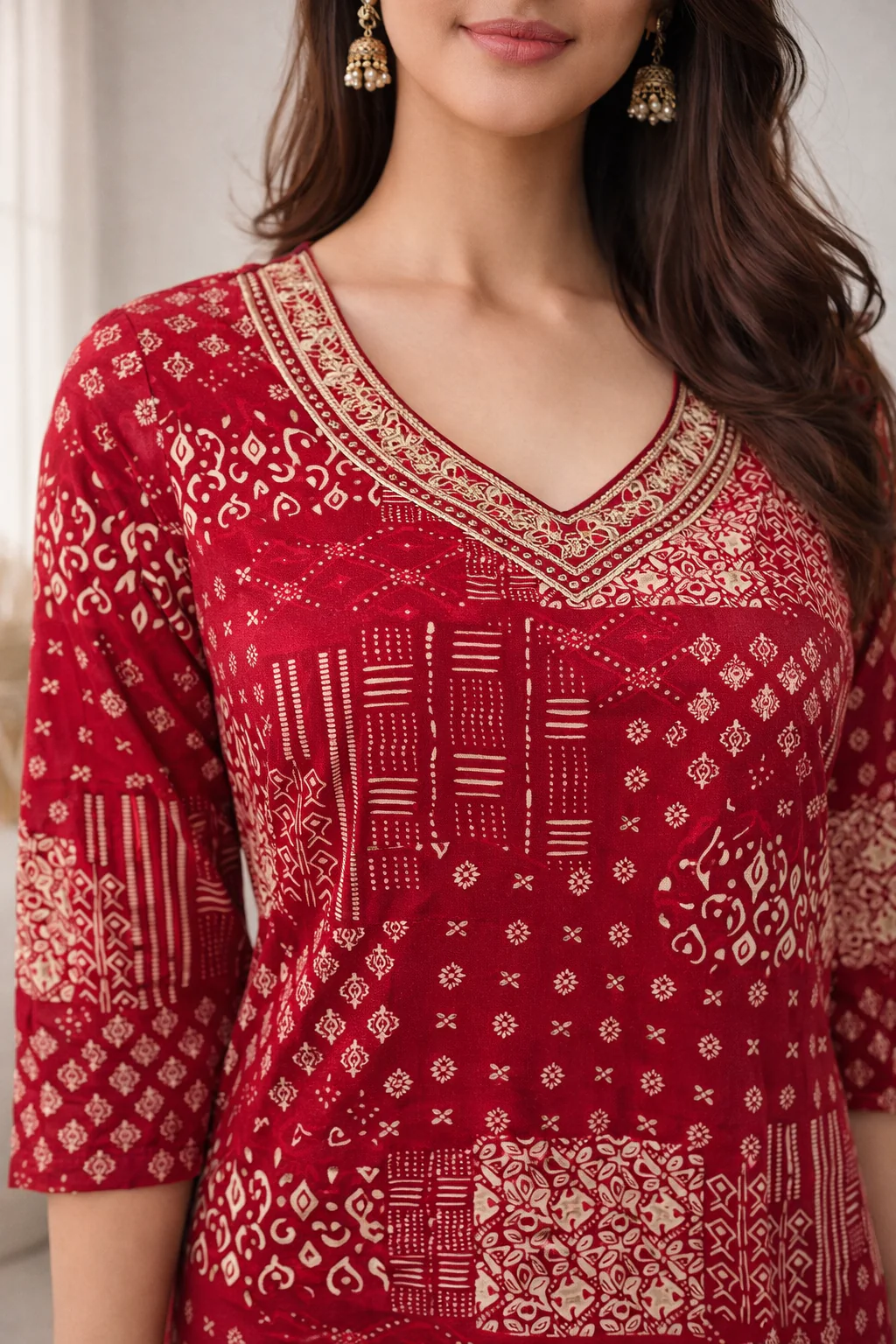 Barnali Carmine Printed Work Kurti - Image 2