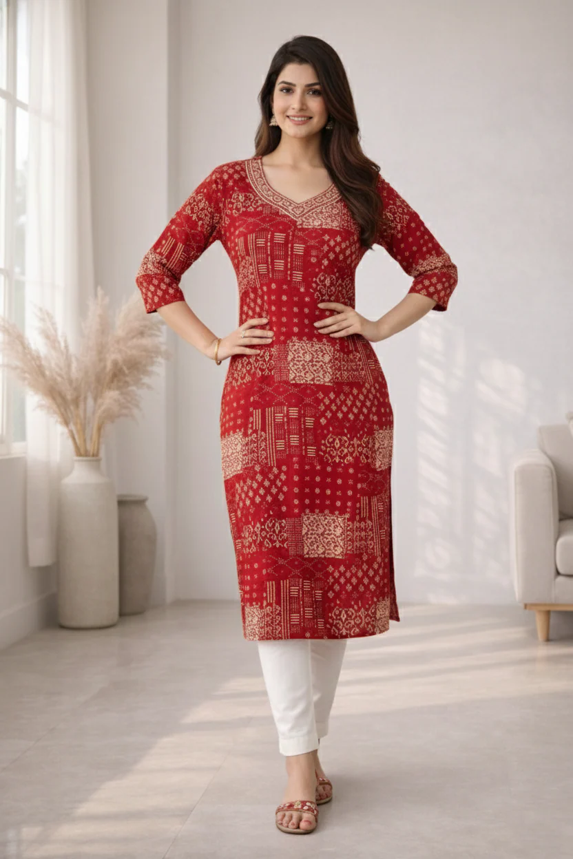 Barnali Carmine Printed Work Kurti - Image 5