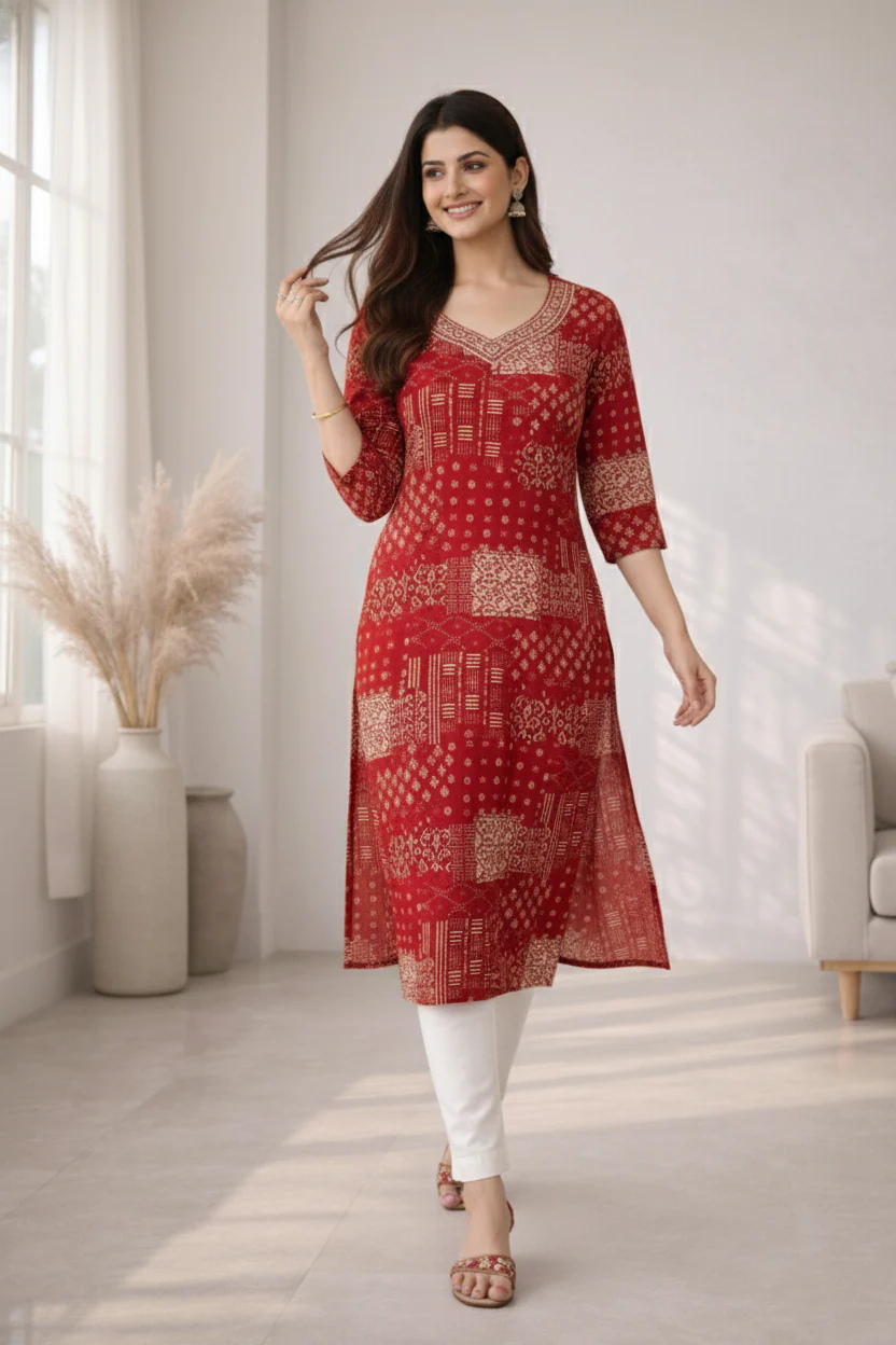Barnali Carmine Printed Work Kurti - Image 7