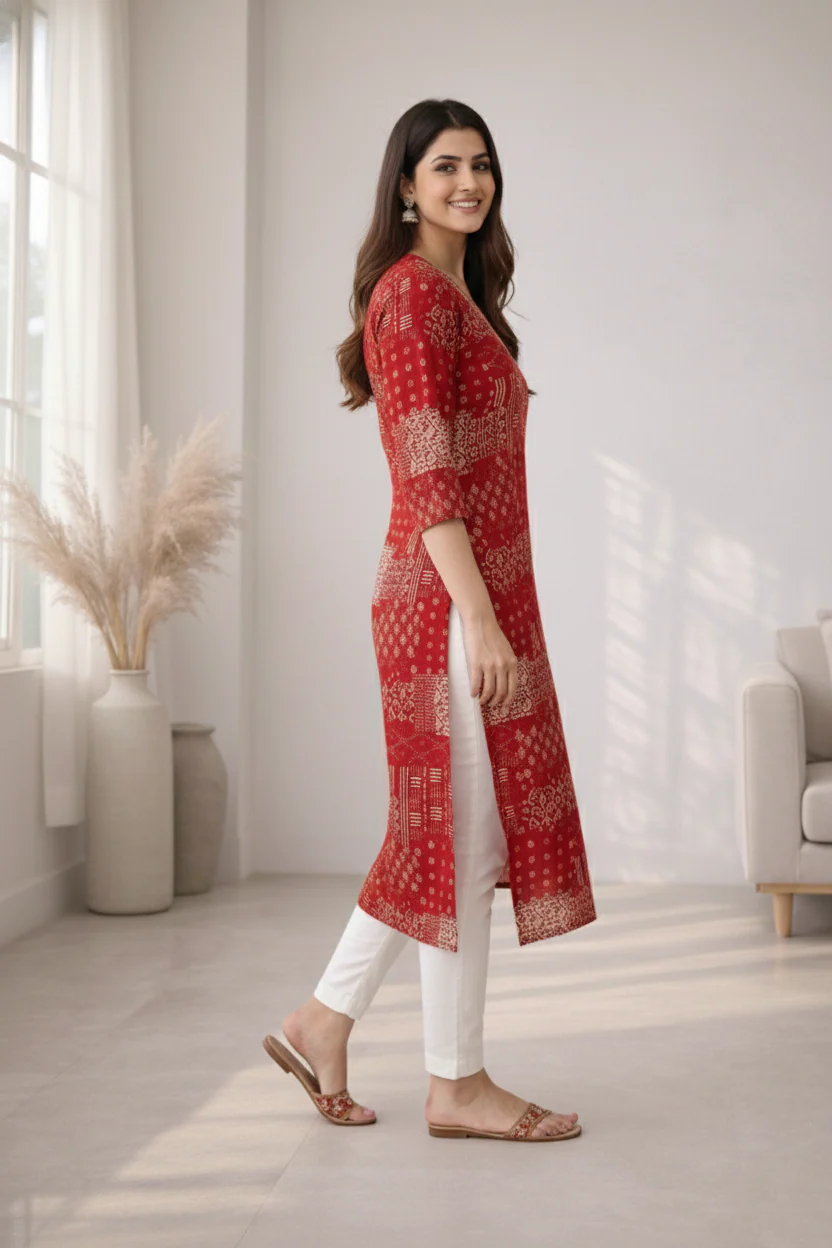 Barnali Carmine Printed Work Kurti - Image 8