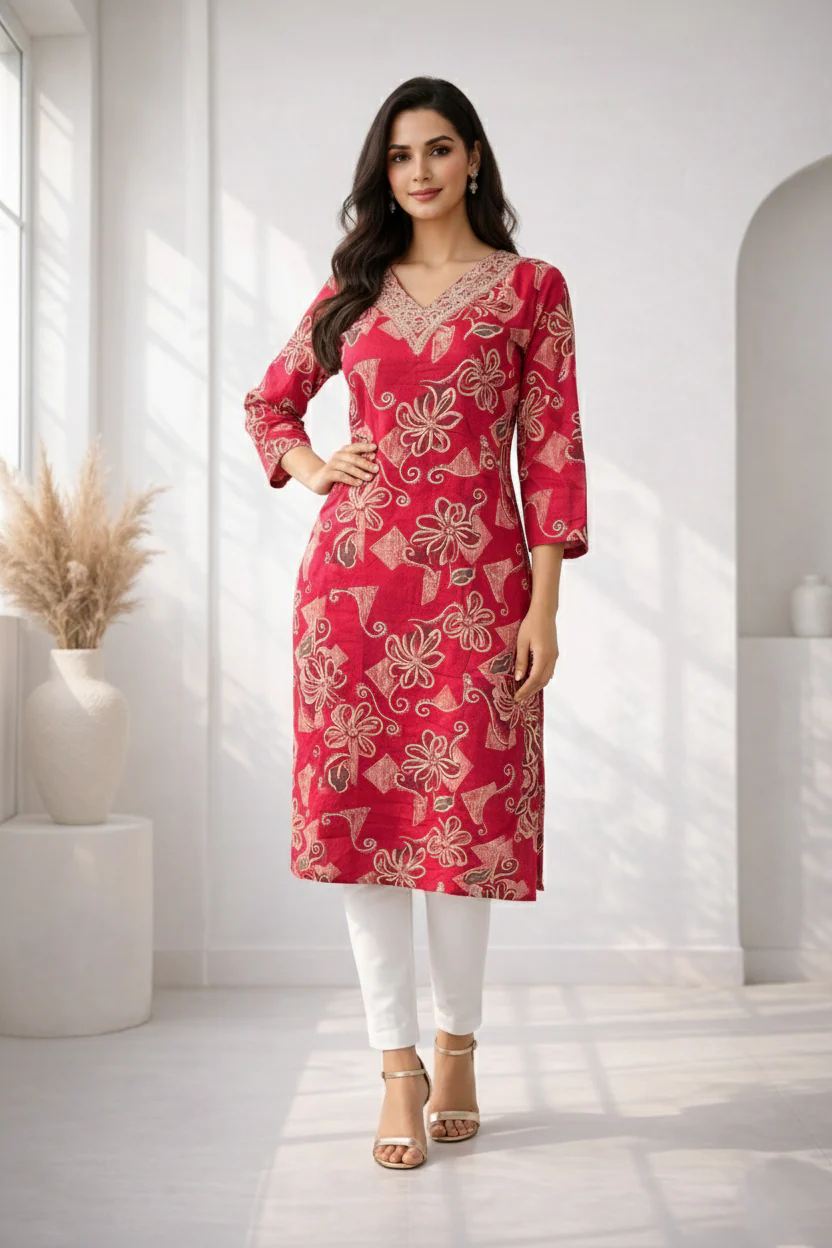 Barnali Cardinal Printed Work Kurti - Image 4