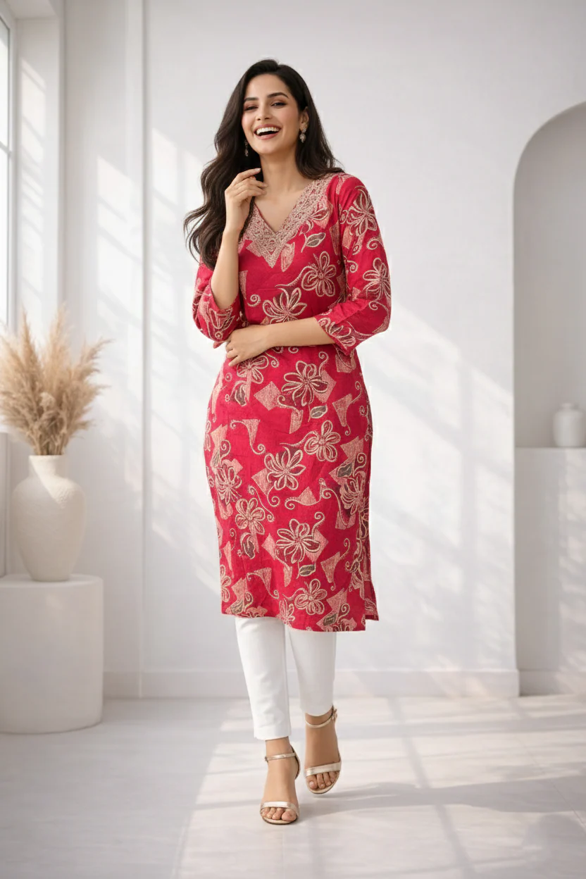 Barnali Cardinal Printed Work Kurti - Image 5