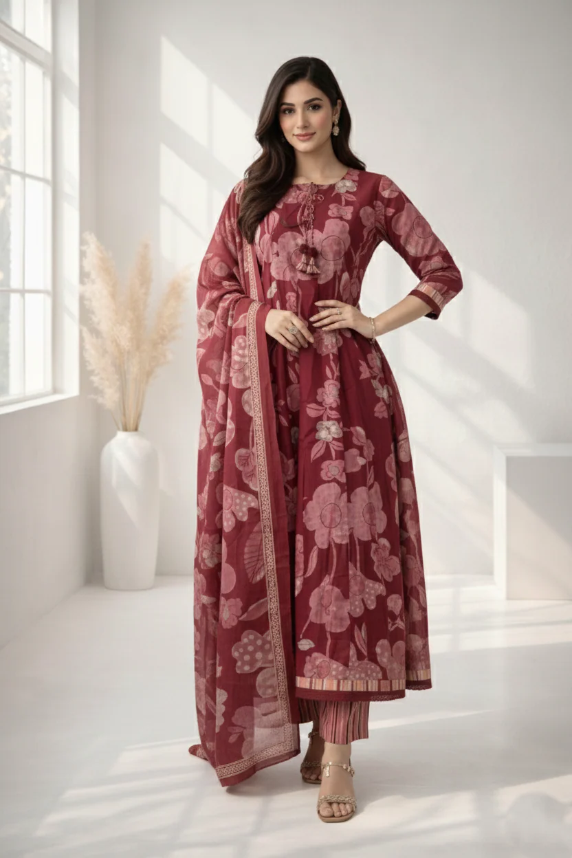 Ridhika Merlot Printed Cotton Suit Set - Image 4