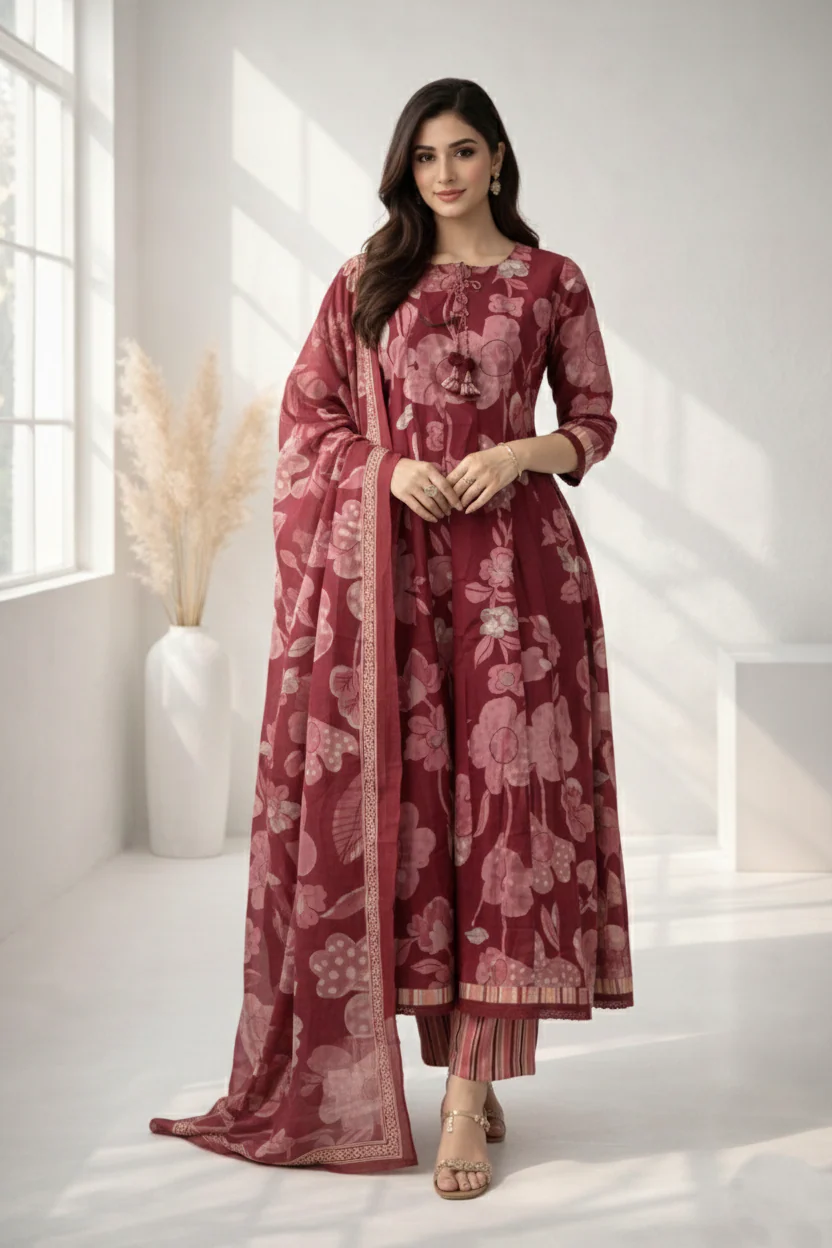 Ridhika Merlot Printed Cotton Suit Set - Image 5