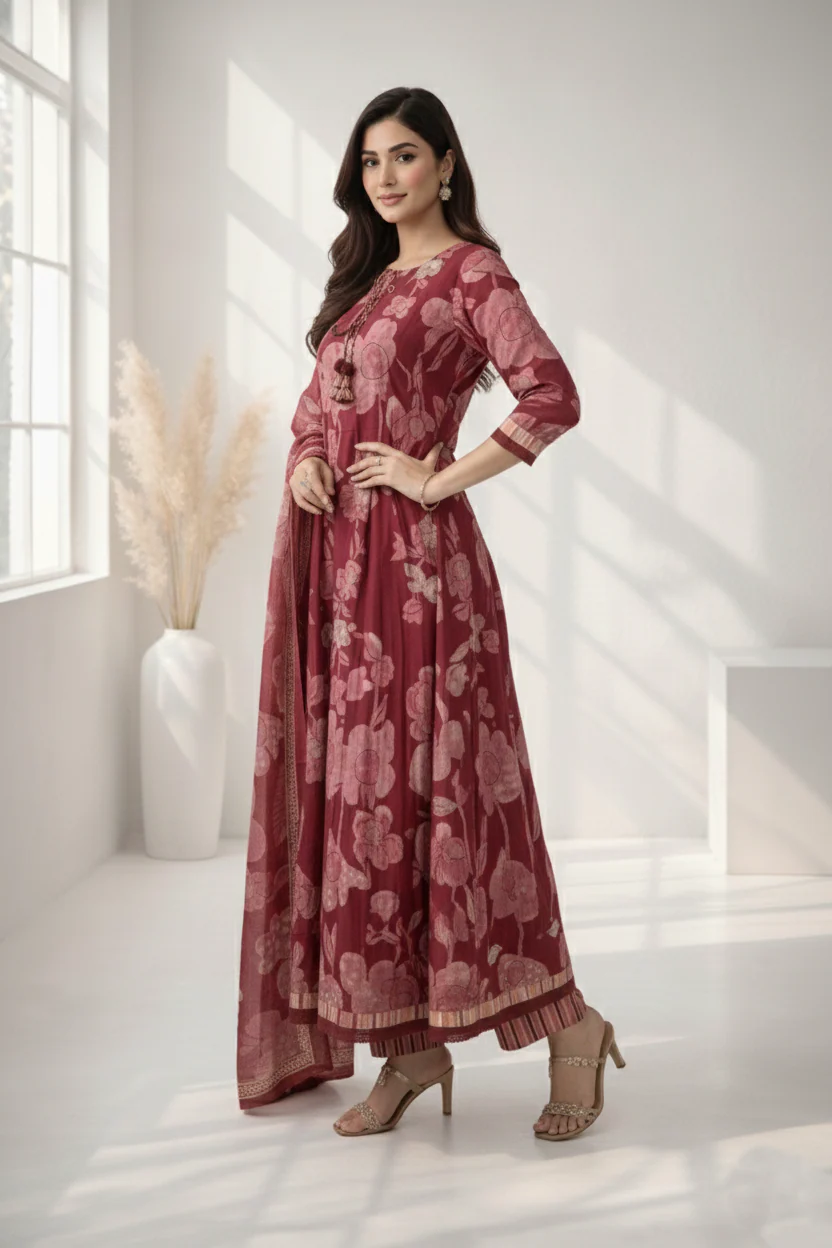 Ridhika Merlot Printed Cotton Suit Set - Image 7