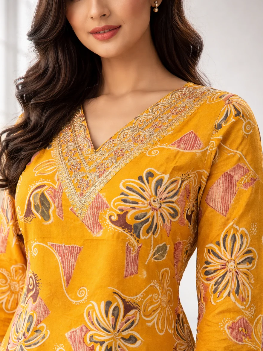 Barnali Mustard Printed Work Kurti - Image 2